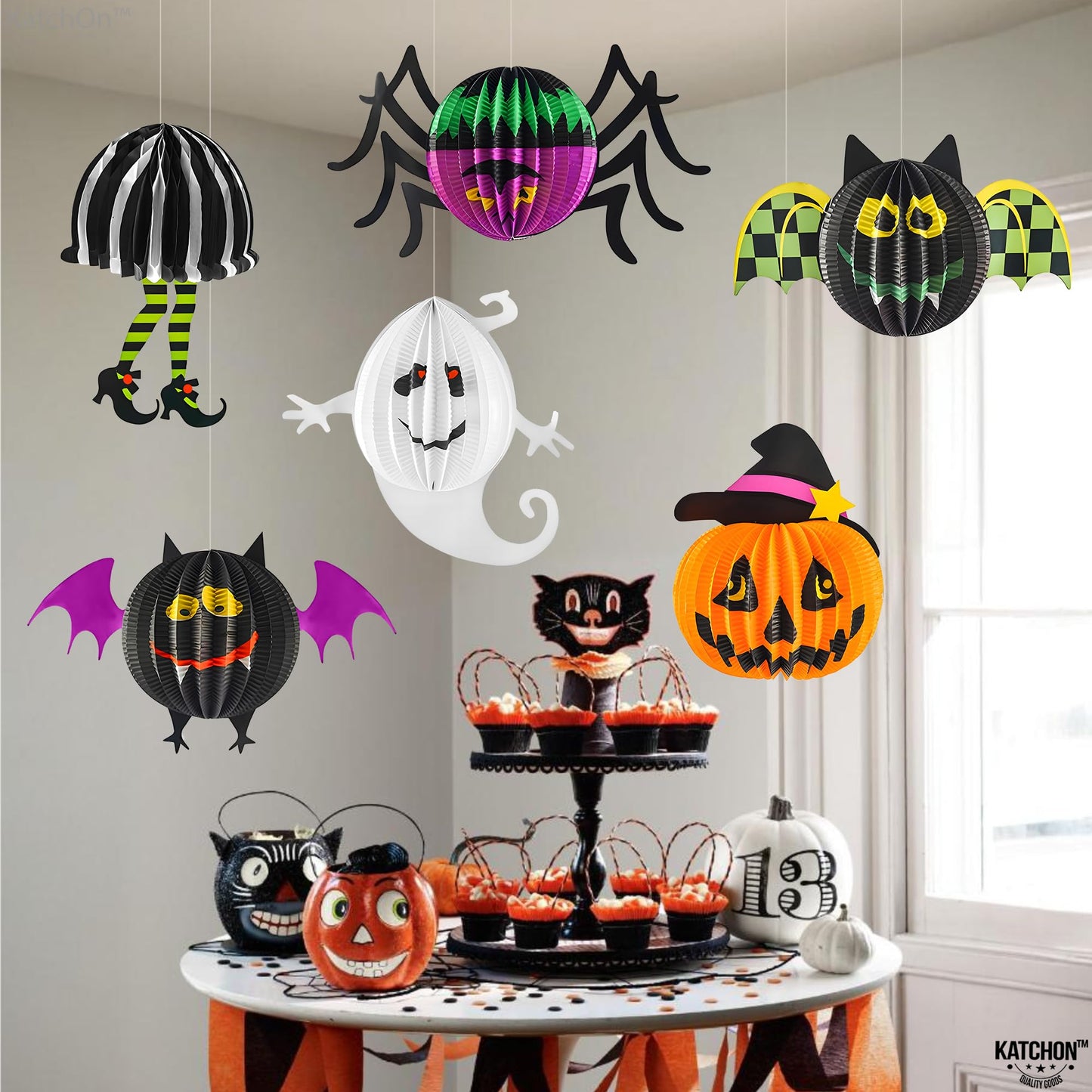 KatchOn, Hanging Halloween Decorations - Pack of 6 | Hanging Halloween Honeycombs for Halloween Ceiling Decorations | Halloween Hanging Bats, Pumpkin, Spider for Scary Halloween Decorations Indoor