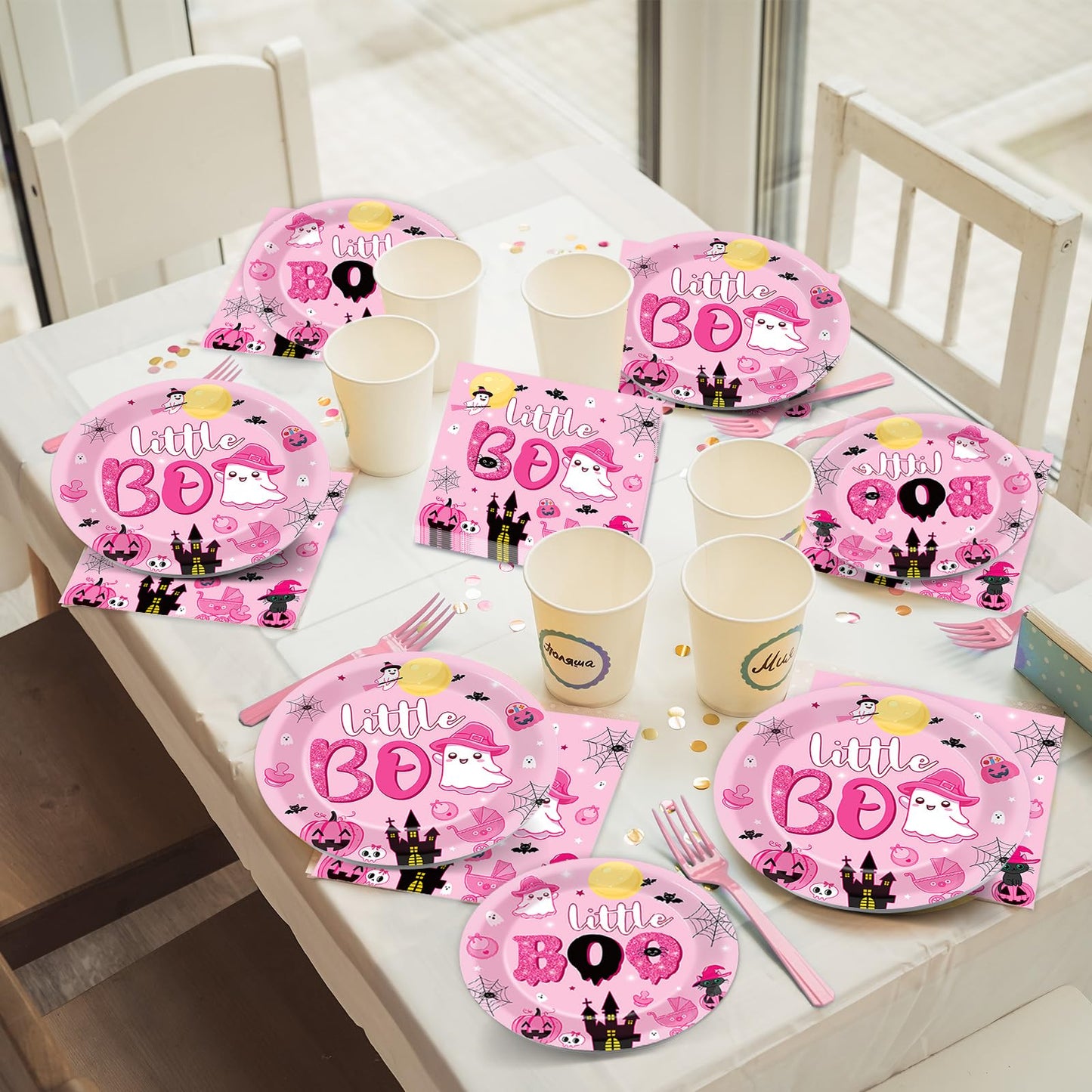 ZOIIWA 96PCS Halloween Little Boo Baby Shower Party Tableware Set for Girls Ghost Party Supplies for 24 Guests Disposable Pink and Black Boo Dinnerware Plates Napkins Forks for Halloween Party Favors