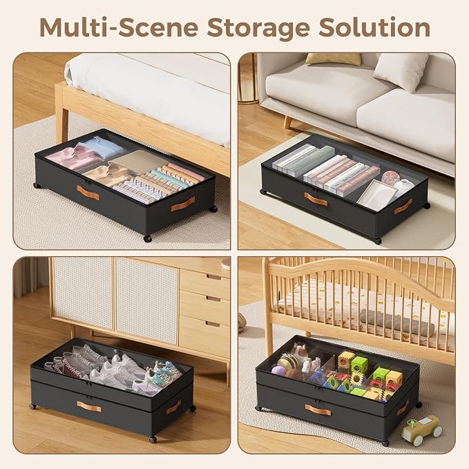 Under Bed Storage with Wheels, Large Capacity UnderBed Containers with Clear Lids, Shoe Organizer Under Bed Drawers, Rolling Under the Bed Storage for Clothes, Shoes, Blankets