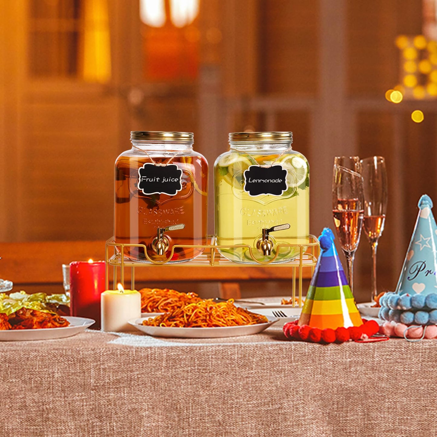 1.6 gallon Glass Beverage Dispenser with Stand, 2PACK Lemonade Dispenser with Spigot Stainless Steel, Drink Dispensers for Parties,Picnic,Weddings(Golden)