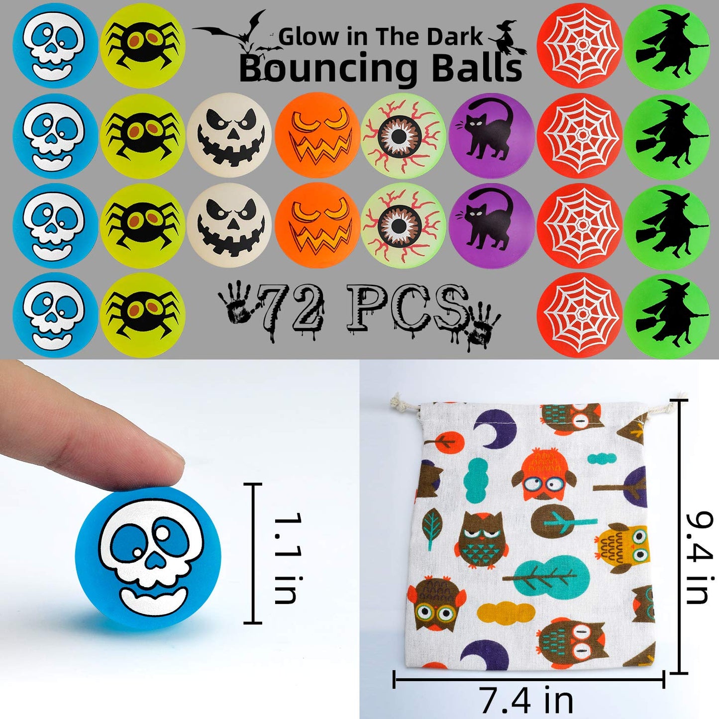 72 Glow in The Dark Bouncing Balls,Halloween Party Favors Supplies, 8 Halloween Theme Designs for School Classroom Game Rewards, Trick or Treating Goodie, Halloween Miniatures/Prizes(with pouch bag)