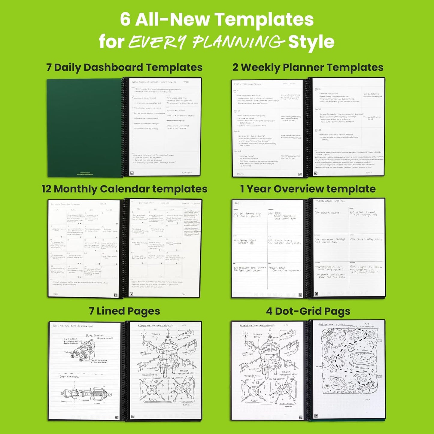 Rocketbook Flex Planner, Reusable Undated Smart, Letter Size 8.5x11 in Green – Daily, Weekly, Monthly, Annual Calendar, Tasks, Goals, Scheduling, Productivity, App Connected, Erasable, Durable Cover