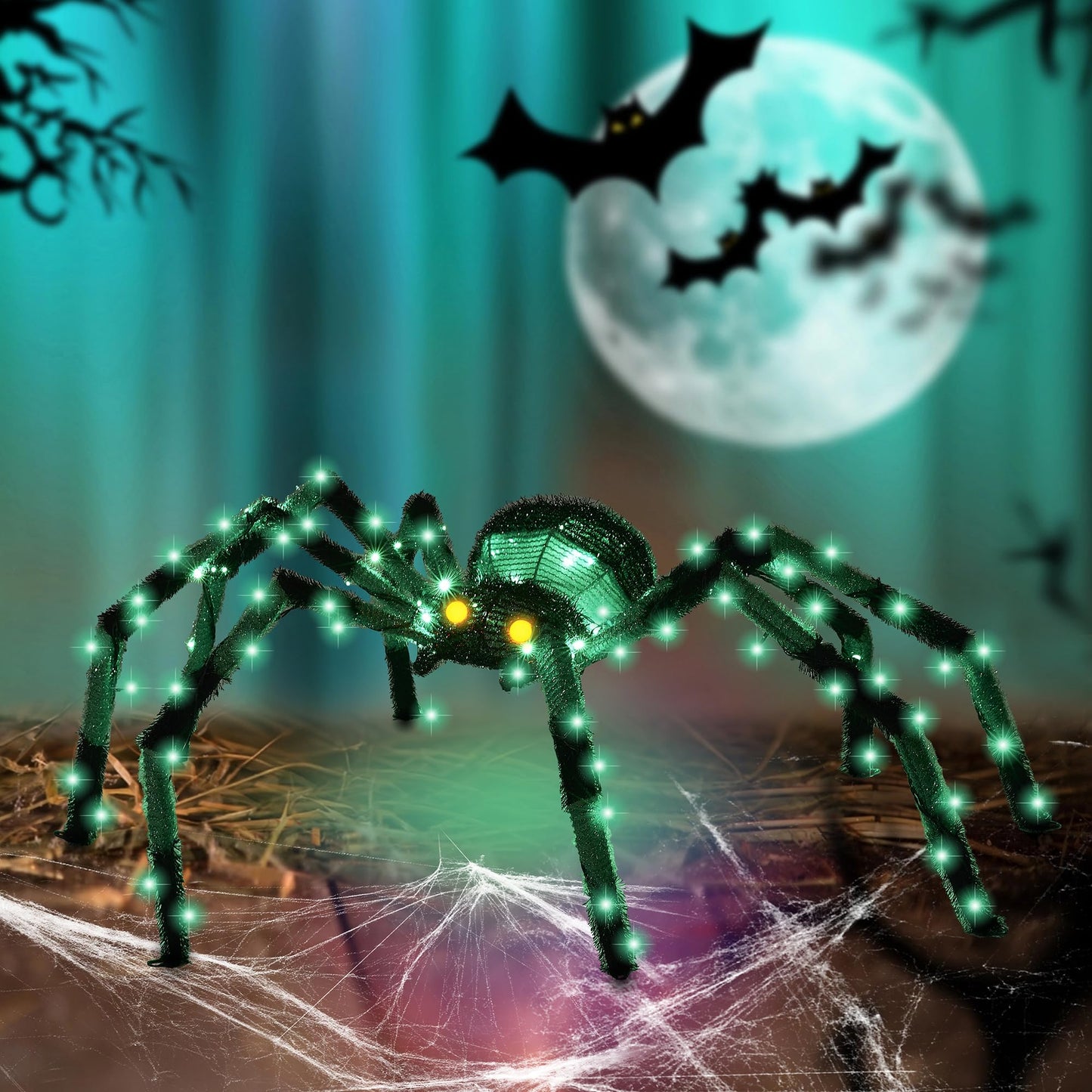 4.2Ft Giant Spider Halloween Decorations Outdoor 52" Light Up Spider with 90 LED Lights for Front Yard, Porch, Garden, Lawn, Halloween Party (Green)