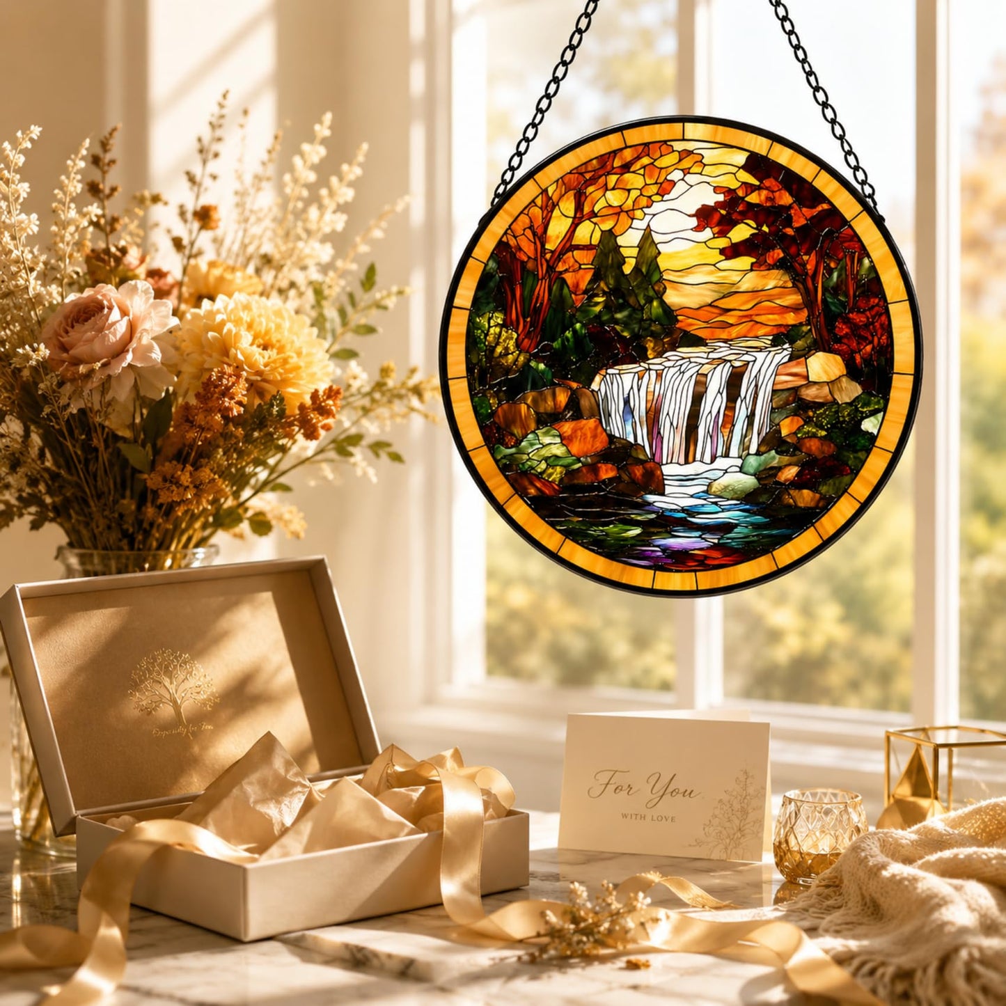 Stained Glass Window Hanging- Autumn Waterfall Design,Suncatcher for Window, for Christmas, Mother's Day and Nature Lovers