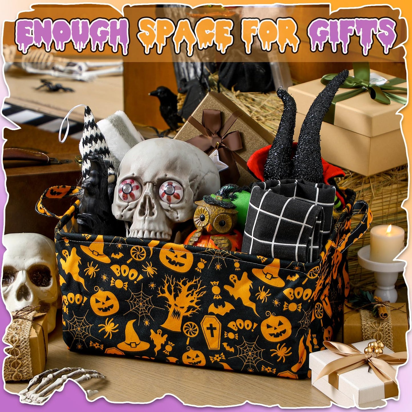 Breling 4 Pcs Halloween Baskets Boo Basket Gift Pumpkin Ghost Baskets with Handles Large Collapsible Storage Bins Boxes for Trick or Treat Gift Books Laundry Shelves Home Storage, 15 x 10 x 8 Inch