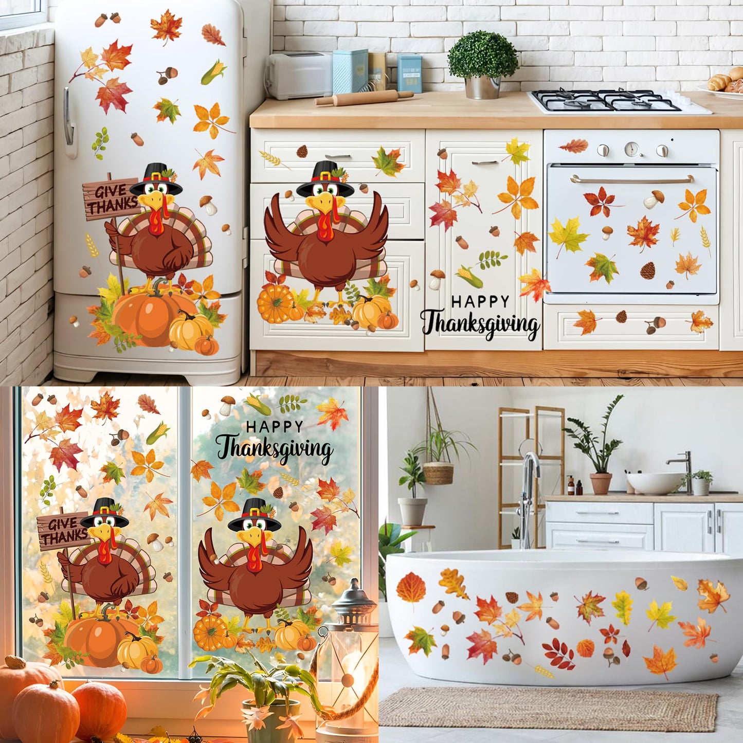 9 Sheets Thanksgiving Window Clings Double Sided Turkey Window Decals Pumpkin Fall Leaves Windows Decal Stickers for Thanksgiving Fall Autumn Glass Home Classroom Office Decor