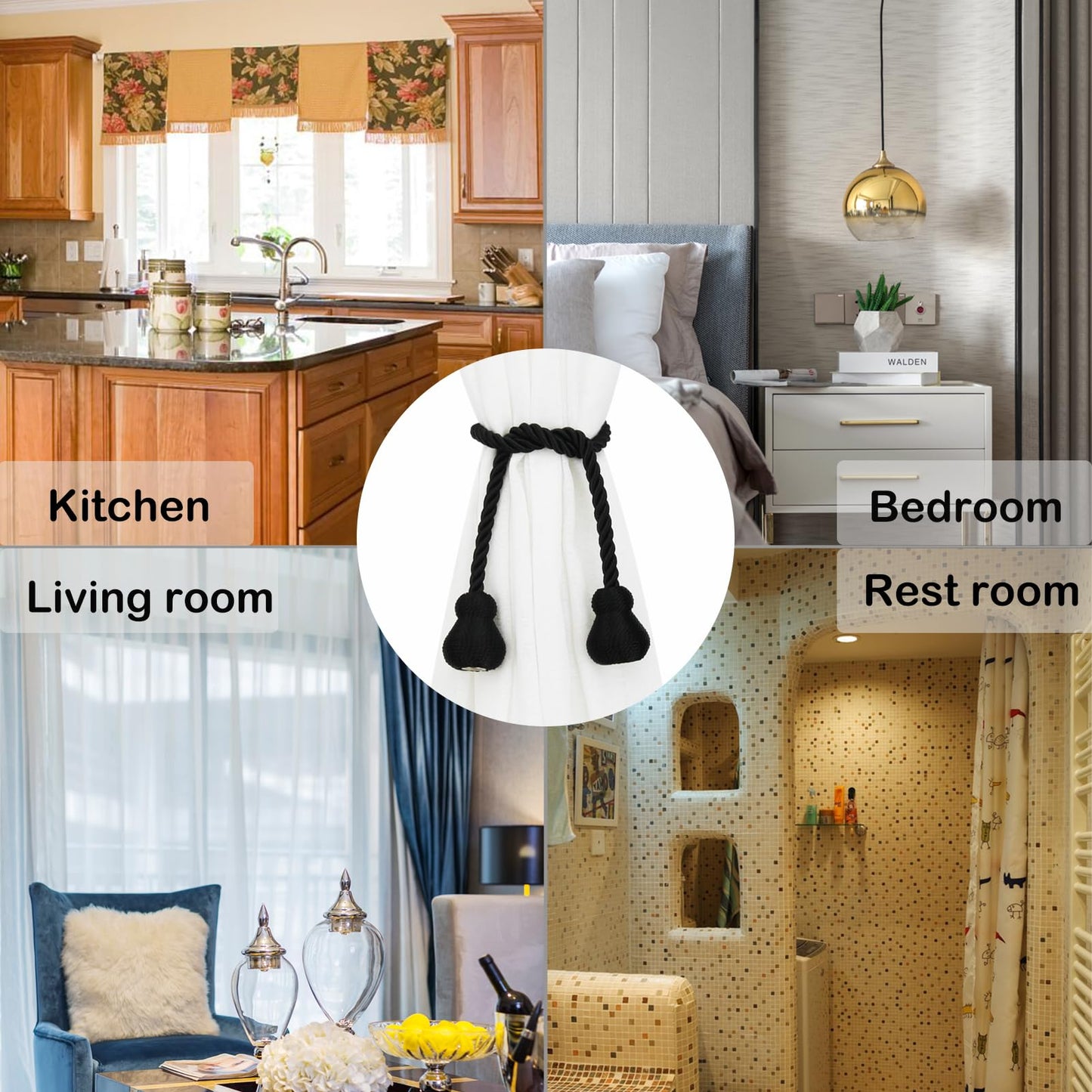 Nieffeiy Magnetic Curtain Tiebacks Outdoor Curtain Tie Backs Rope Decorative Magnetic Curtain Holders for Drapes Window Treatment Holdbacks, Black 4Pack