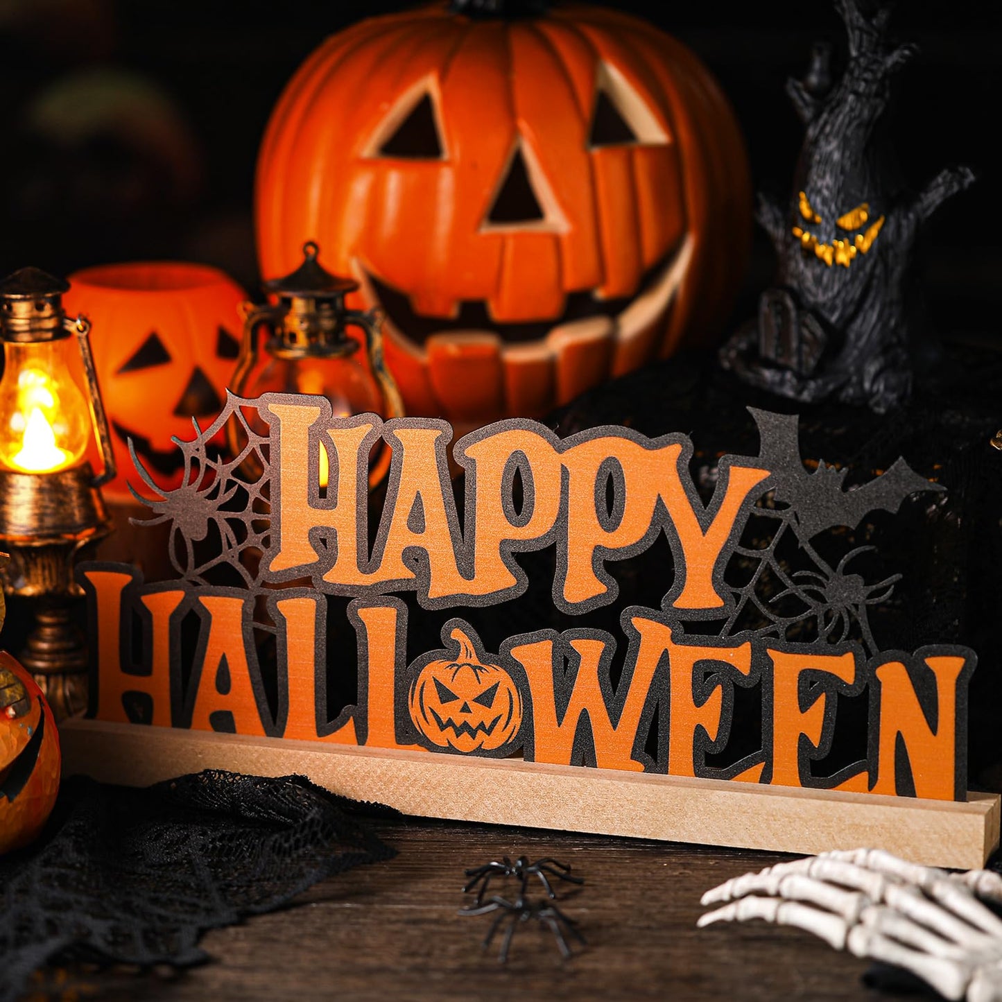 Yaocom 13.78 Inch Happy Halloween Sign Metal Halloween Decorations for Home Letter Tabletop Decoration with Wooden Base Cutout Word Table Centerpiece for Home Tiered Tray Centerpiece Mantel Shelf