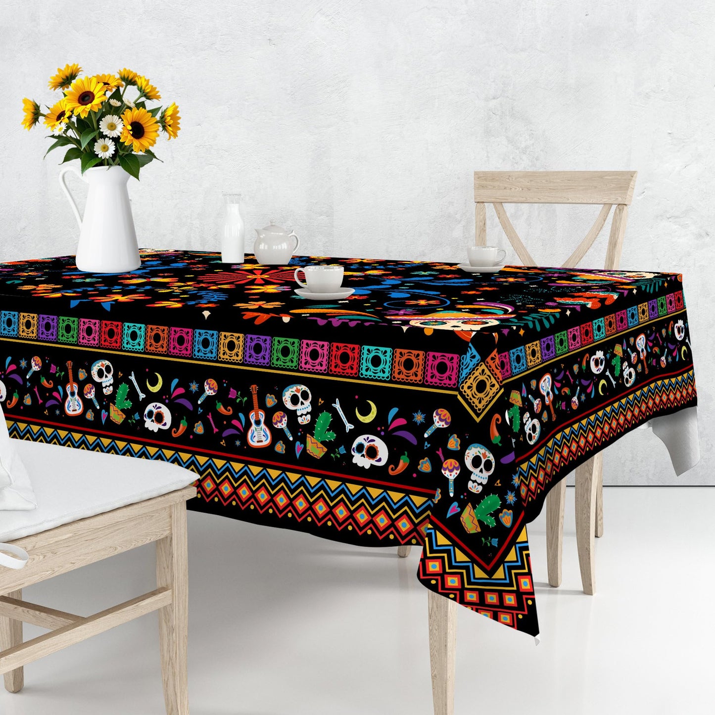 Unibyby Mexican Tablecloth Rectangle 60 x 120 Inch, Cinco De Mayo Flower Skull Table Cloth Fiesta Indoor Decorations for Dining Room Party