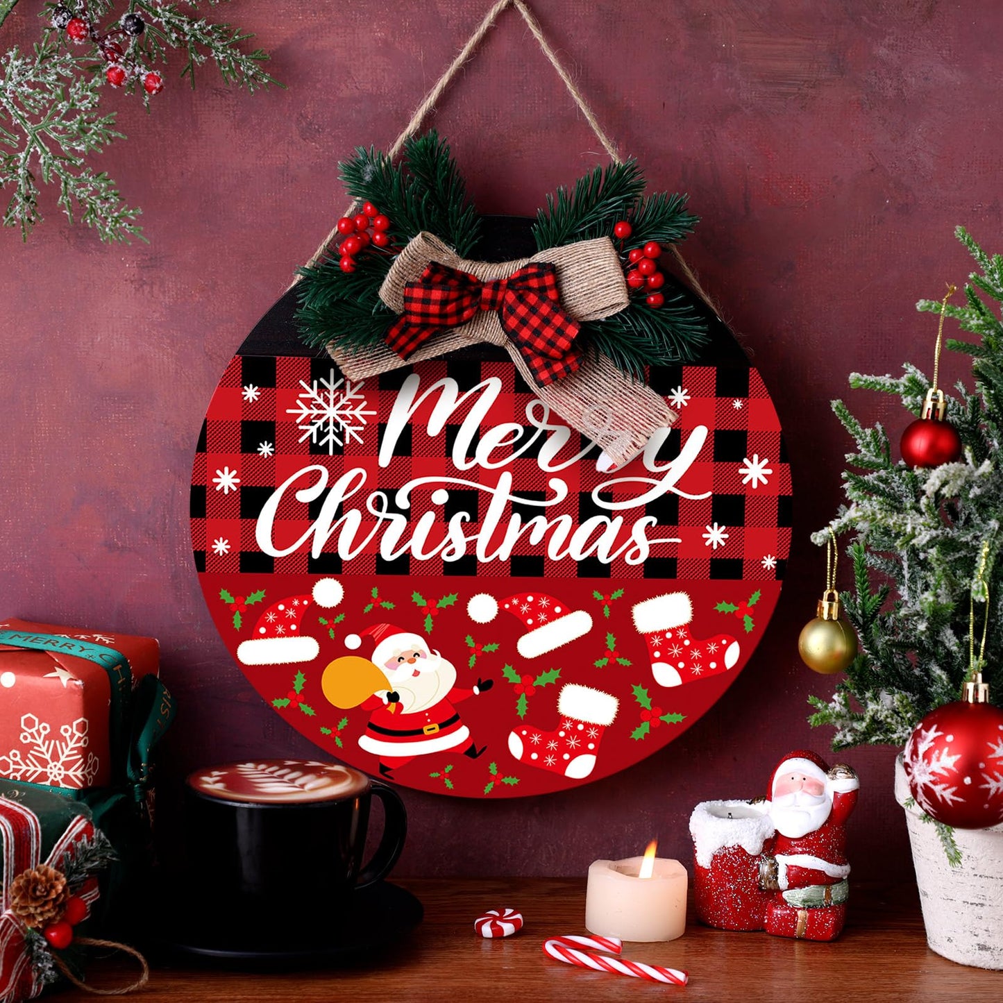 Vicenpal 22 Pcs Interchangeable Welcome Sign for Front Door with 17 Magnetic Icon Wooden Seasonal Front Porch Door Decor with 4 Seasonal Wreath for Holiday Halloween Christmas Gift(Dark Brown,Novel)