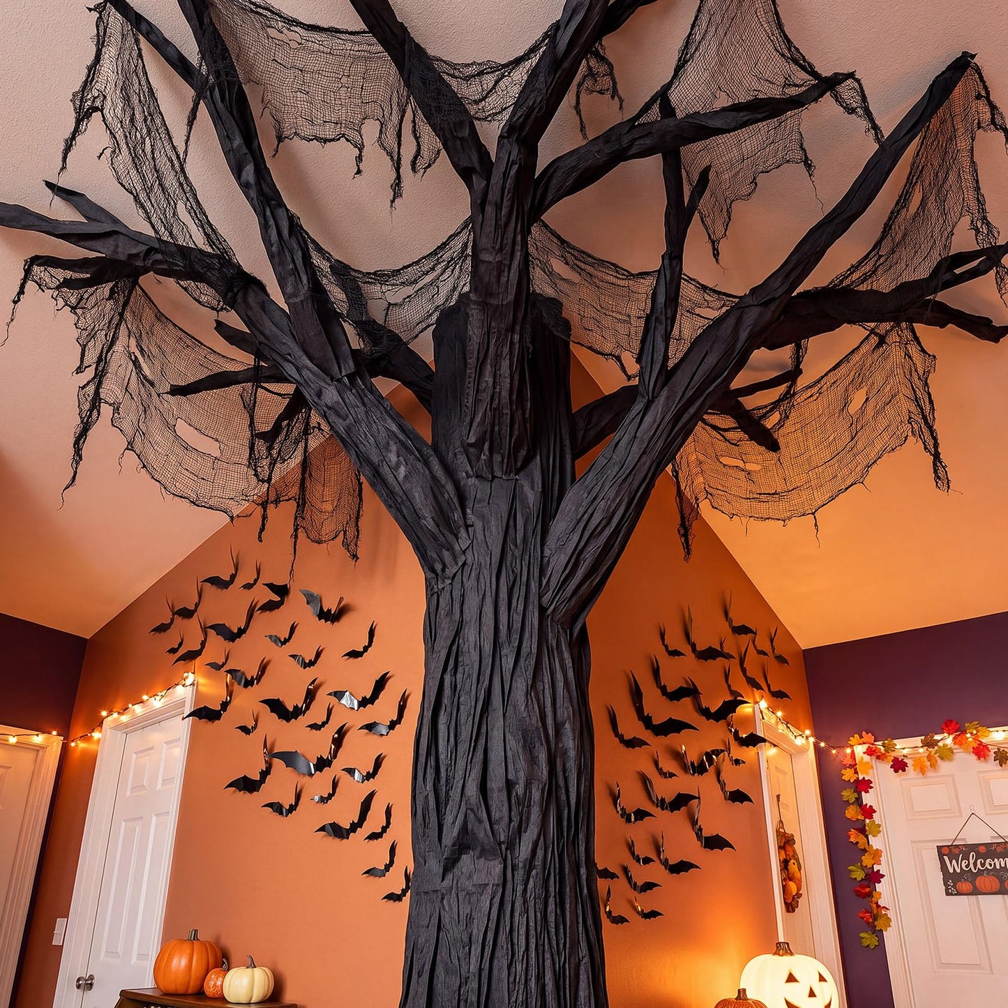 Blueweenly DIY Halloween Tree Decoration Kit with 124 Pcs 3D Bats, Spider Webs, Kraft Paper Rolls & Hooks Spooky Wall Decor Set for Indoor Party Haunted House Decorations
