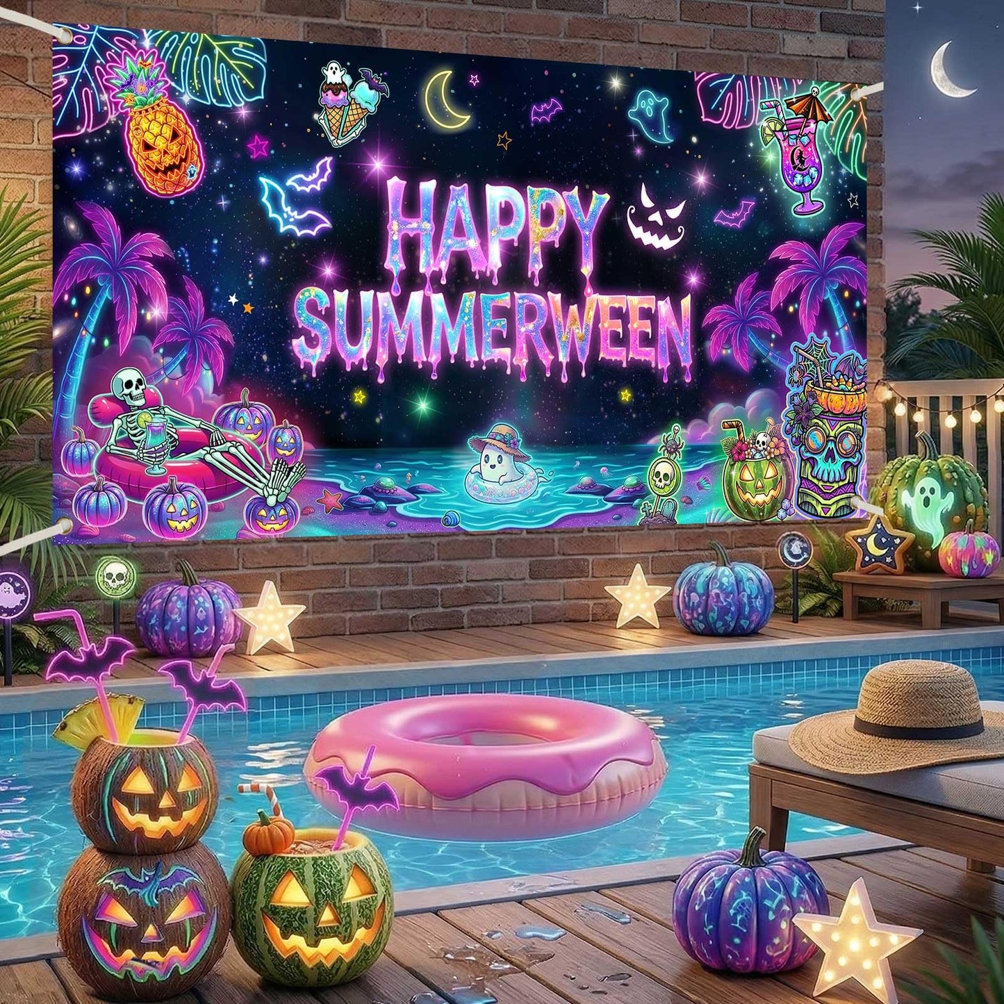 Printspree Summerween Banner Halloween Decorations - 70.8x35.4 Inch Summer Halloween Party Backdrop for Home Pink Pumpkin Tropical Palm Tree Beach Summerween Party Supplies Wall Decor