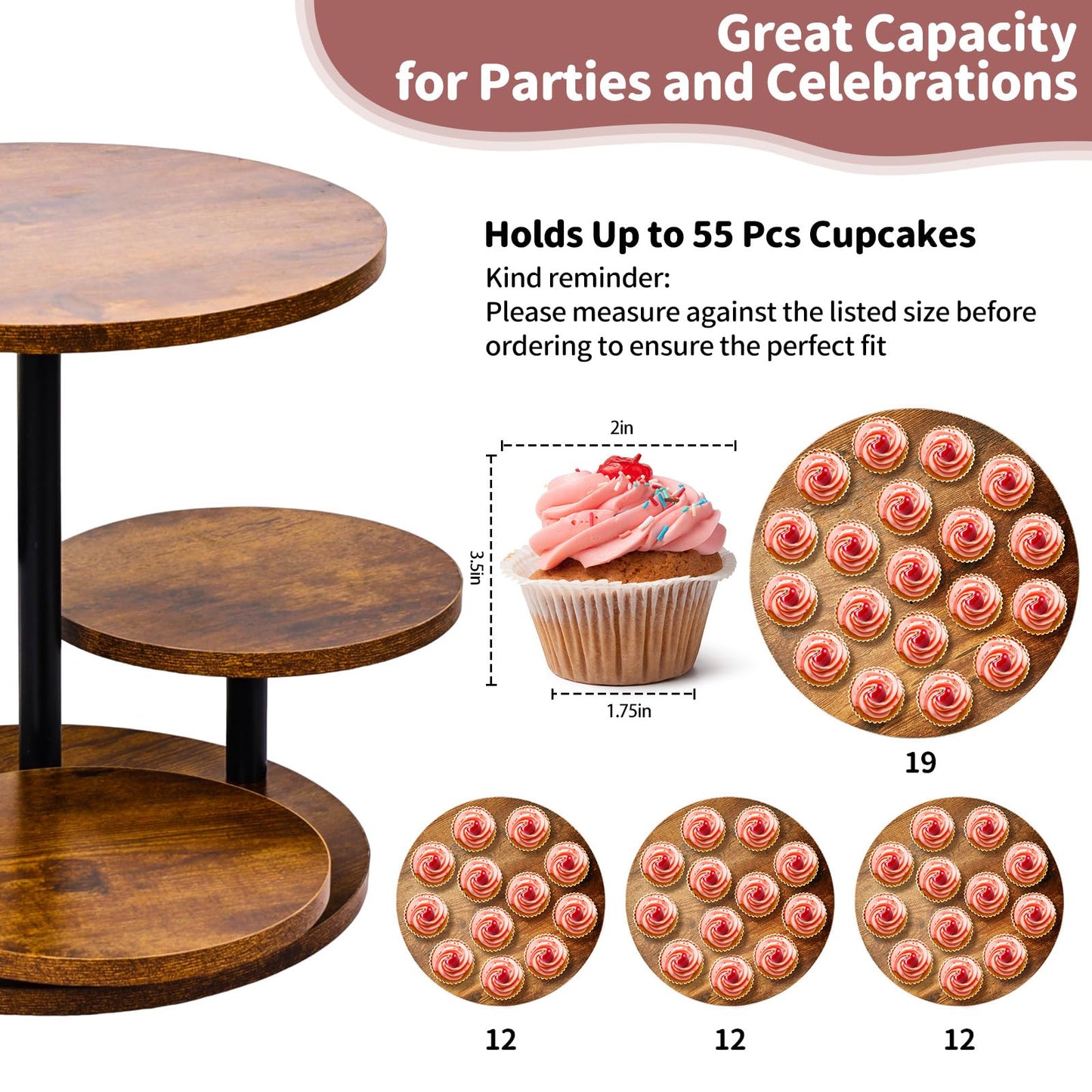 NANXITU 4 Tier Cupcake Tower Stands for 50 Cupcakes,360° Rotatable Round Cup Cake Stand with Tiered Tray,Farmhouse Wooden Dessert Table Display Stands for Wedding Birthday Baby Shower Tea Party