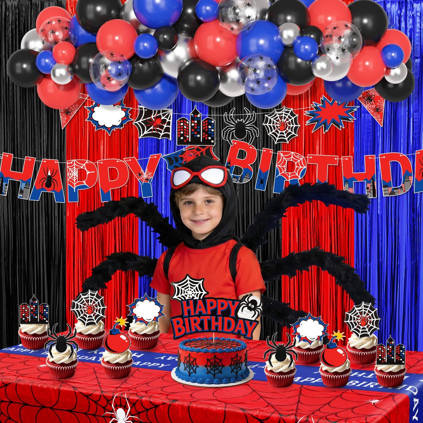 Black Red and Blue Birthday Party Decorations, 67 Pcs Spider Balloons Party Supplies with Table Cloth, Happy Birthday Banner Garland, Foil Fringe Curtains, Spider Cake Topper for Cartoon Shower Theme