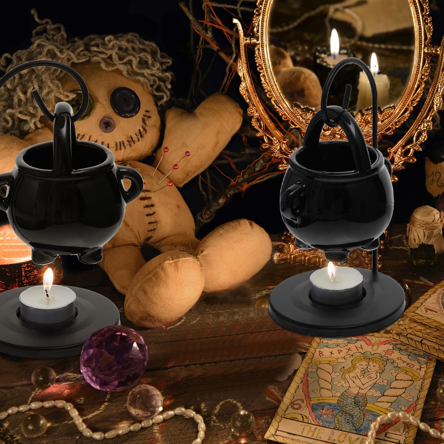 2 Pcs Hanging Pagan Cauldron Oil Burner, Cauldron Wax Warmer Diffuser with Handle 10 Pcs White Tea Lights Candles Witch Decor for Home Wax Melts Christmas Gothic