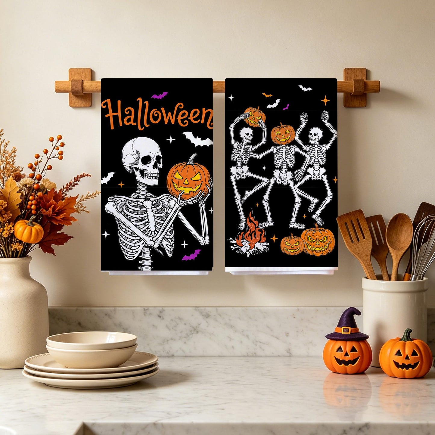 Hexagram Halloween Kitchen Towels, Skeleton Decor, Halloween Hand Towels