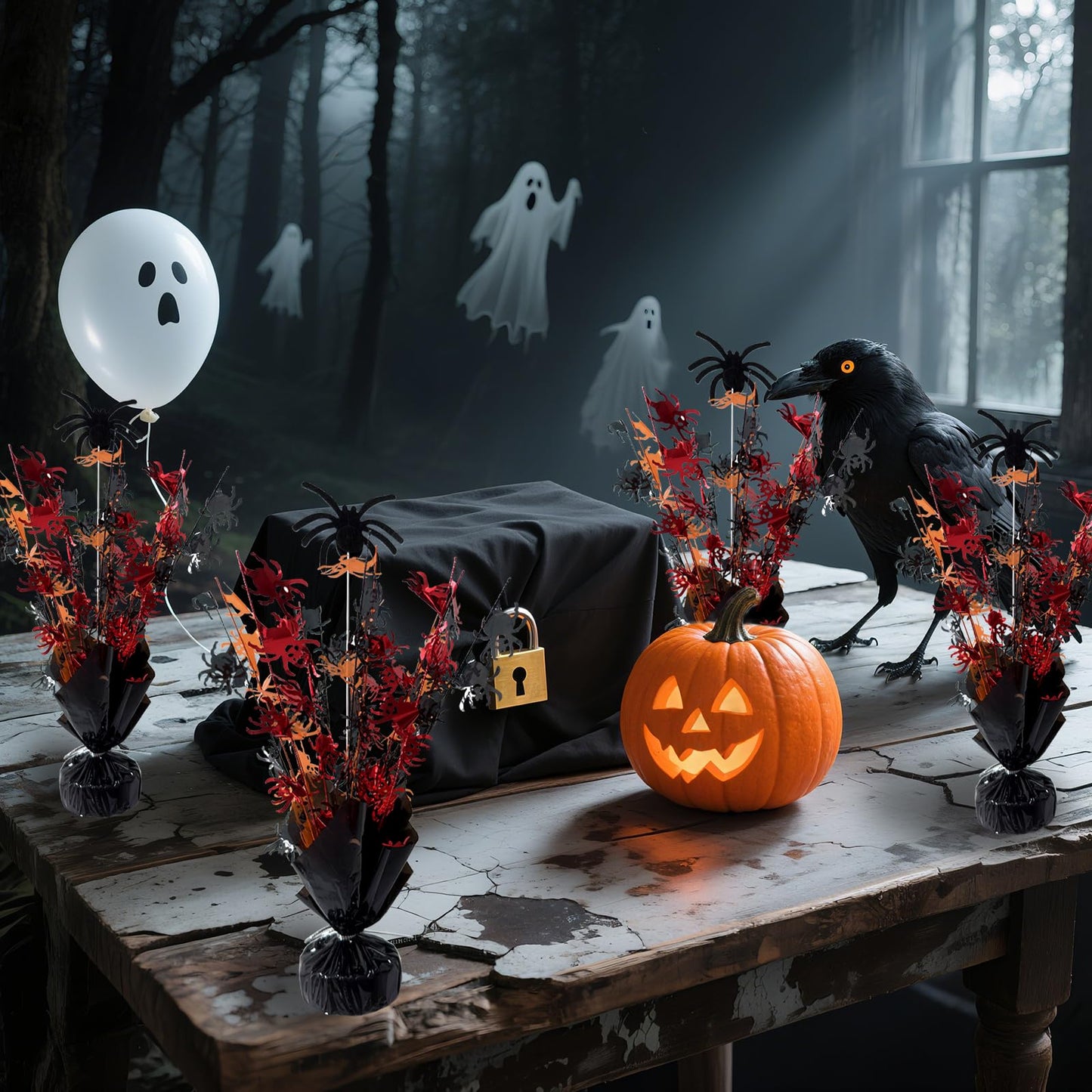 FUBININA 6 Pack Halloween Table Decoration Party Centerpieces Spider Gleam 'N Metallic Foil Spray Glitter Halloween Centerpiece Table Centerpieces Decor for Birthday Party Supplies, Black Orange Red