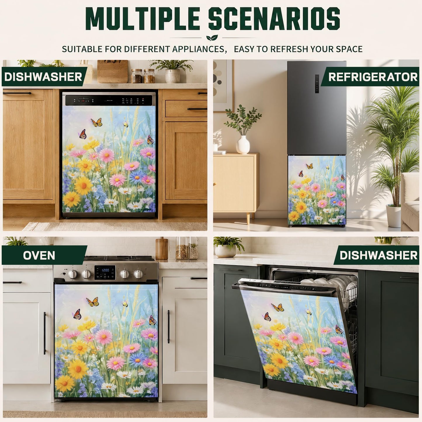 Butterfly Flowers Dishwasher Magnet Cover,Waterproof Appliance Door Cover for Holiday Kitchen Decor,Housewarming Gifts, Refrigerator Magnet Decal Panels 23"x26"