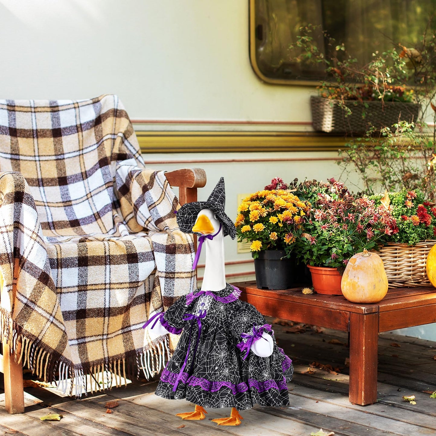 SilTriangle Halloween Witch Goose Outfit Set for 23'' Plastic Lawn Porch Goose Statue Clothes Witch Fancy Dress with Pumpkin Basket Halloween Costume for Outdoor Patio Yard Lawn Art Decor