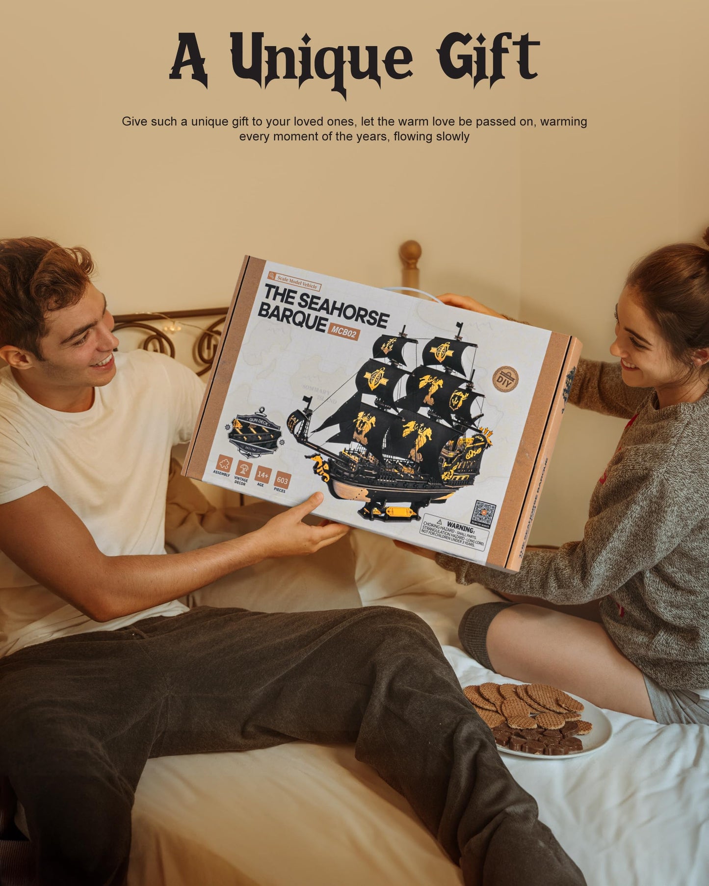 ROBOTIME Seahorse 3D Wooden Puzzles for Adults, Black Sailboat Model Kits for Boys and Men, Home Office Decor Gifts Pirate Ship Building (603 Pcs)