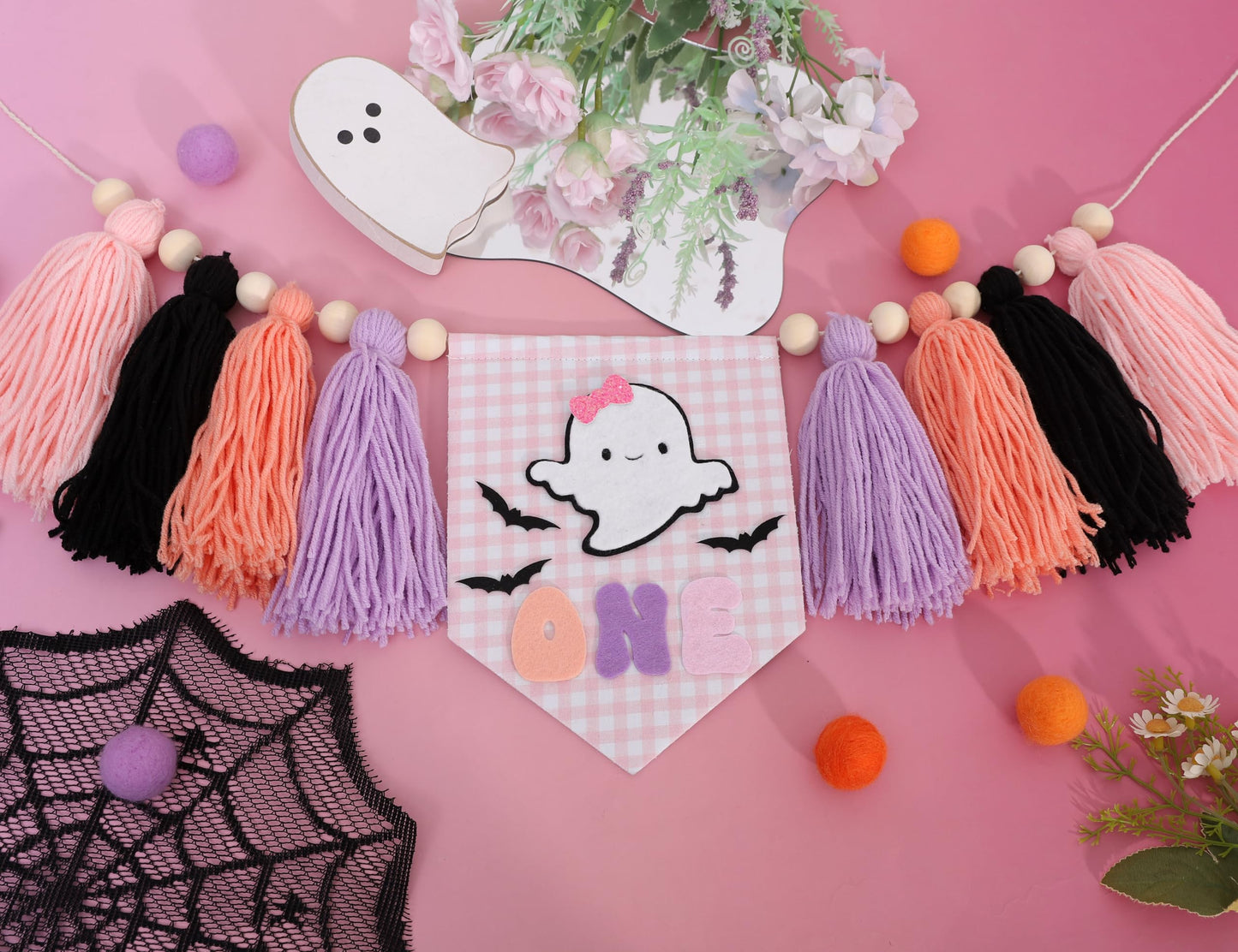 Spooky One High Chair Banner for Girls - Pink Ghost Yarn Tassel Highchair Banner, Halloween 1st Birthday Decorations, Our Little Boo is One Birthday Decor