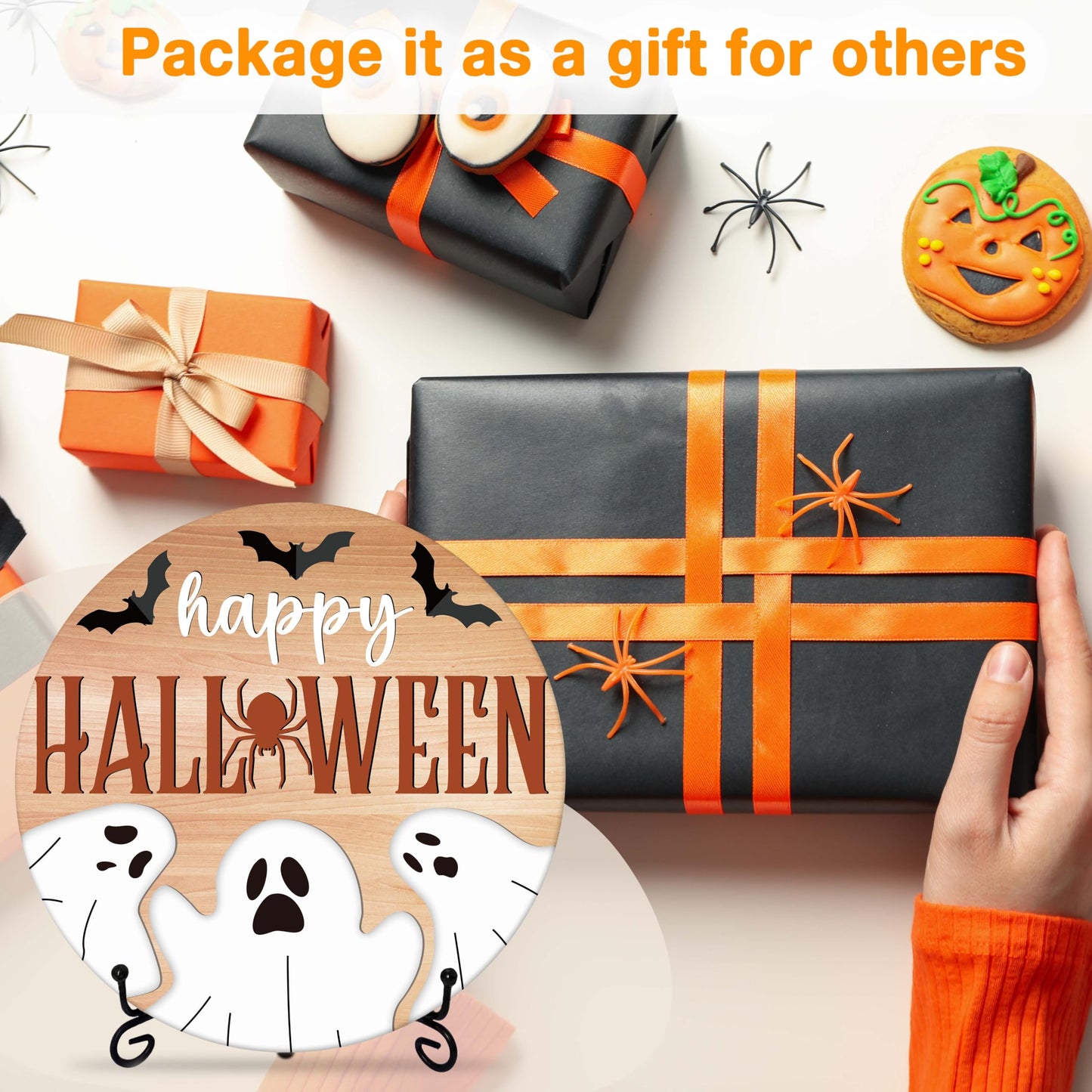 Seclate Halloween Desk Decorations for Home, Spider Wooden Table Centerpieces for Office Living Room Shelf Decor, Bat Ghost Gifts for Women Friends - E09