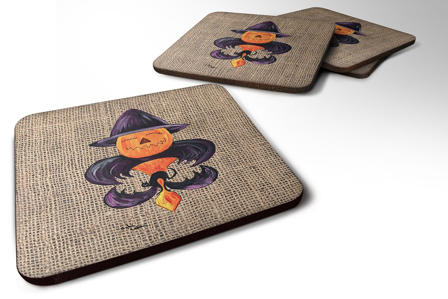 Caroline's Treasures 8748FC Halloween Pumpkin Bat Fleur de lis Foam Coasters (Set of 4), 3.5" H x 3.5" W, Multicolor