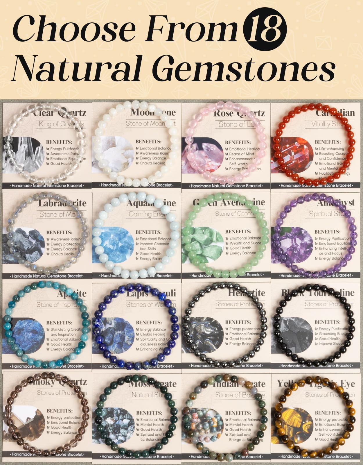 Landorilo Beaded Bracelet for Men Women, 6mm Natural Stone Moonstone Healing Crystal Stretch Bracelets, Ideal Christmas Birthday Jewelry Gifts with Energy Card,Replacement Beads Included