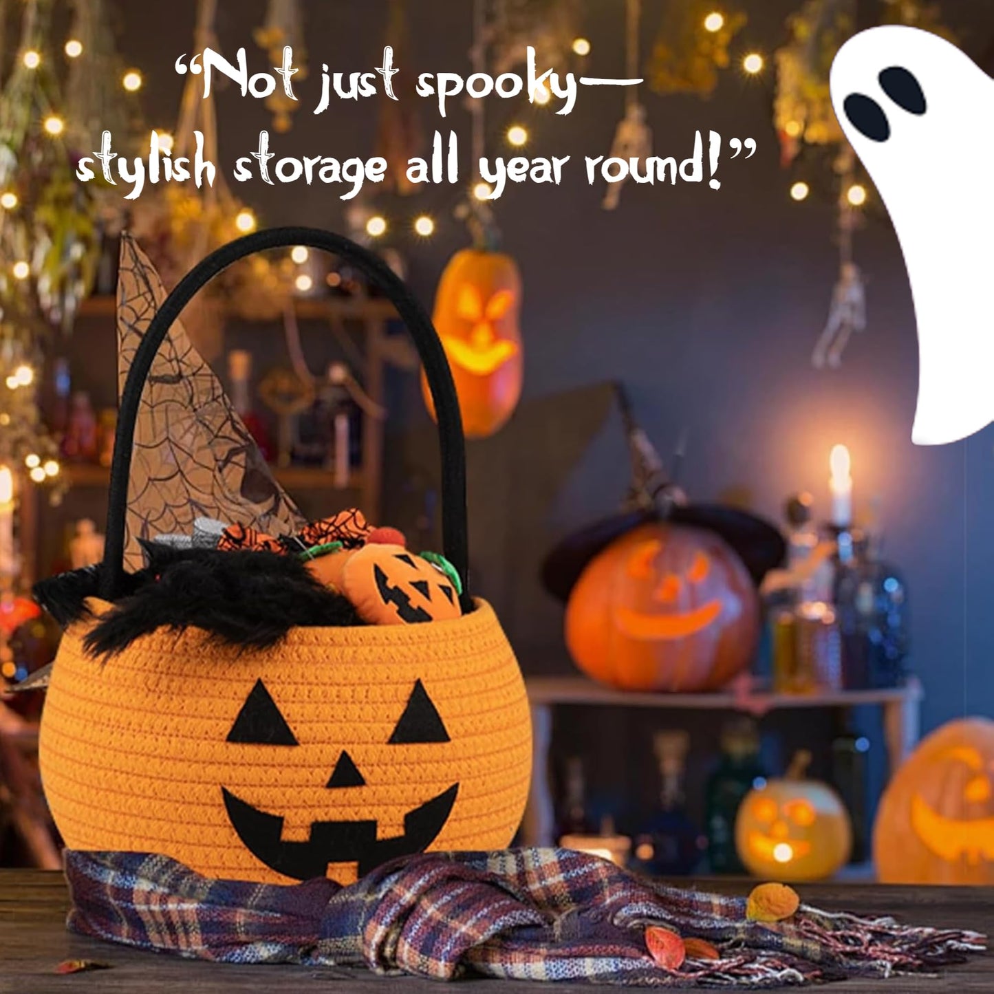 Pumpkin Storage Basket | Woven Cotton Rope Bin | Cute Halloween Candy Bowl, Trick or Treat Bag, Boo Gift, Stuffer Filler | Multipurpose Home Organizer & Gift Basket with Handles | Decorative Container