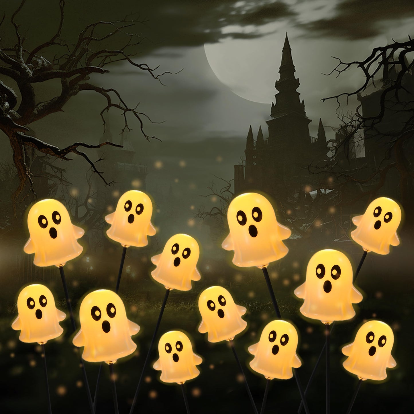 JOYIN Halloween Decorations Outdoor Solar Cute Ghost Lights, 2 Pcs 12LEDs Solar Powered Hovering Ghost Yard Stakes, Cute LED Pathway Lights Decor for Halloween Graveyard Garden Yard Patio Lawn