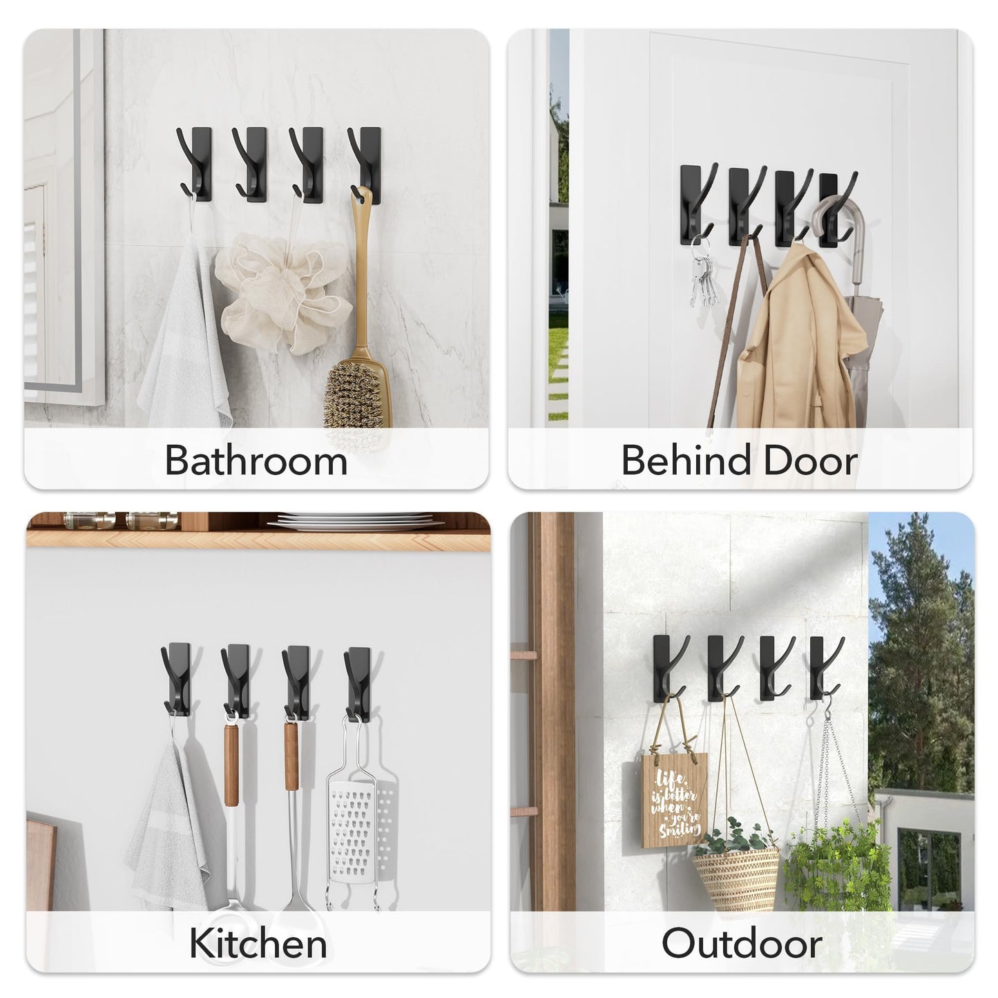 pickpiff Matt Black Self Adhesive Coat Hooks for Hanging: 13LB Extra Strong Stainless Wall Hook for Towel, Utensil, Backpack, Hat, Sturdy Metal Hanger for Bathroom, Kitchen, Door, 6-Pack