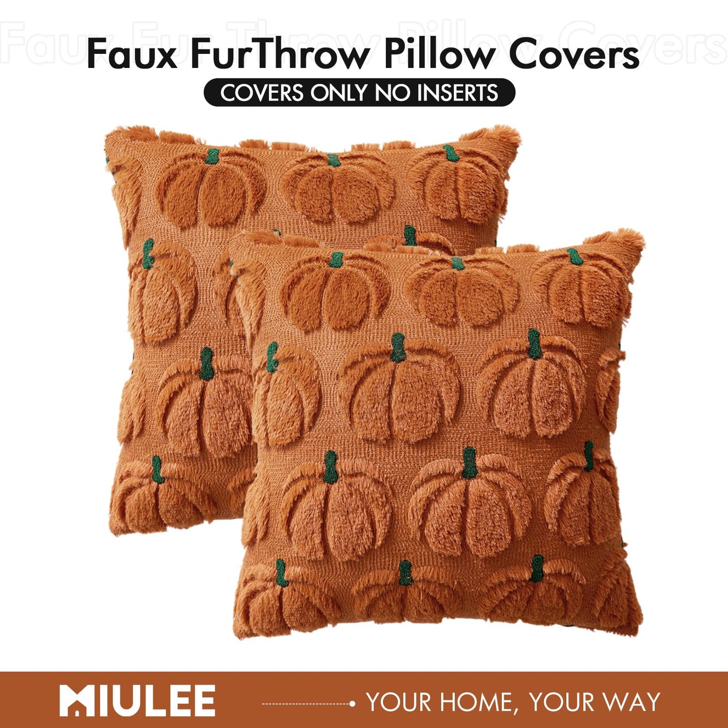 MIULEE Fall Pumpkin Throw Pillow Covers Decor Set of 2 Dark Rust Green Stem 18 x 18 Decorative Cushion Covers Soft Faux Fur Couch Pillows for Autumn Harvest Outdoor Porch Farmhouse Halloween Home