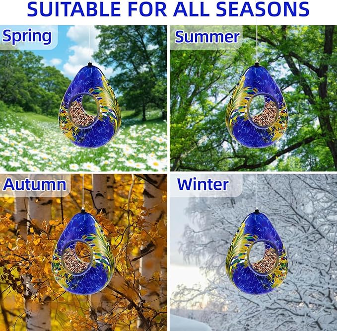 VOREEN Glass Bird Feeder, Handcrafted Hanging Fly-Through Feeder for Outdoor Garden & Backyard, Decorative Wild Bird Feeder with Steel Wire Cable,Blue