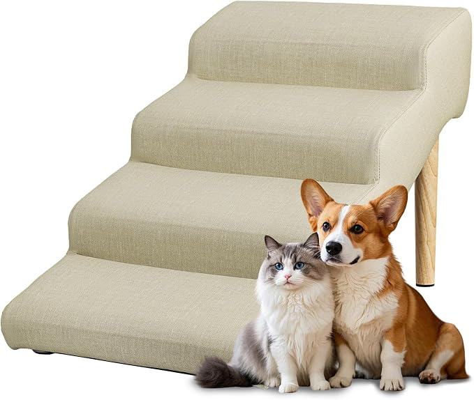 4-Step 18" H Dog Stairs for Bed Couch, Waterproof & Scratch PU Leather Pet Steps for Small Senior Dogs and Cats, Dog Ramp with 220 lbs Maximum, Oak Leg & Solid Wood, Non-Slip Feet, Cream
