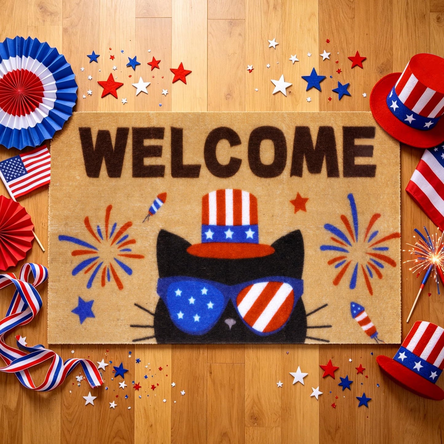 Prewplam 4th of July Patriotic Welcome Doormat- Black Cat 250th Anniversary America Coir Doormat, Front Rubber Non Slip Backing Mats for Outdoor Entryway Entrance Porch Patriotic Decor,73 x 43