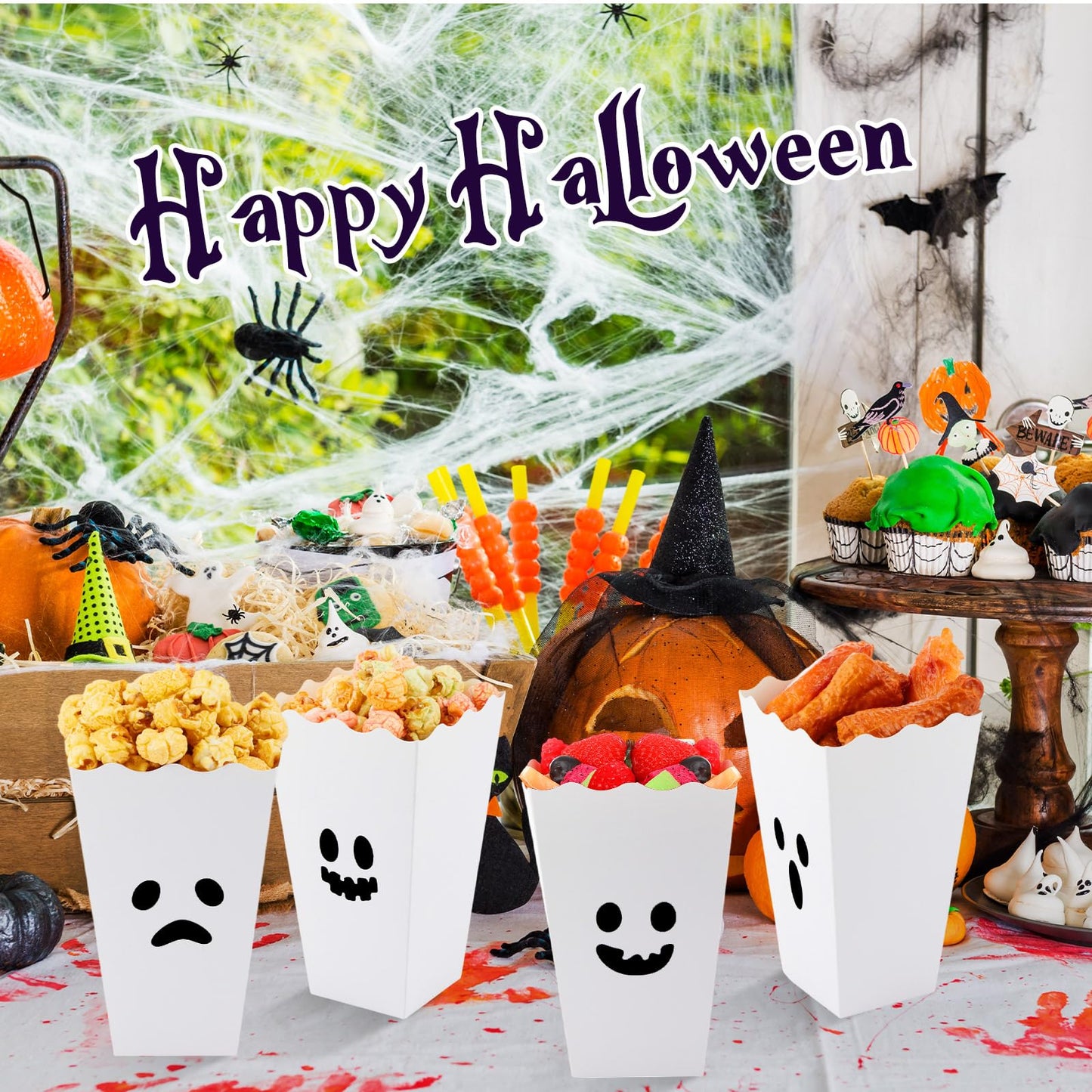 Mimorou 24 Pcs Halloween Popcorn Boxes Bulk Trick or Treat Snack Boxes Ghost Theme Paper Candy Cookie Biscuits Container Halloween Party Supplies for Party Decorations