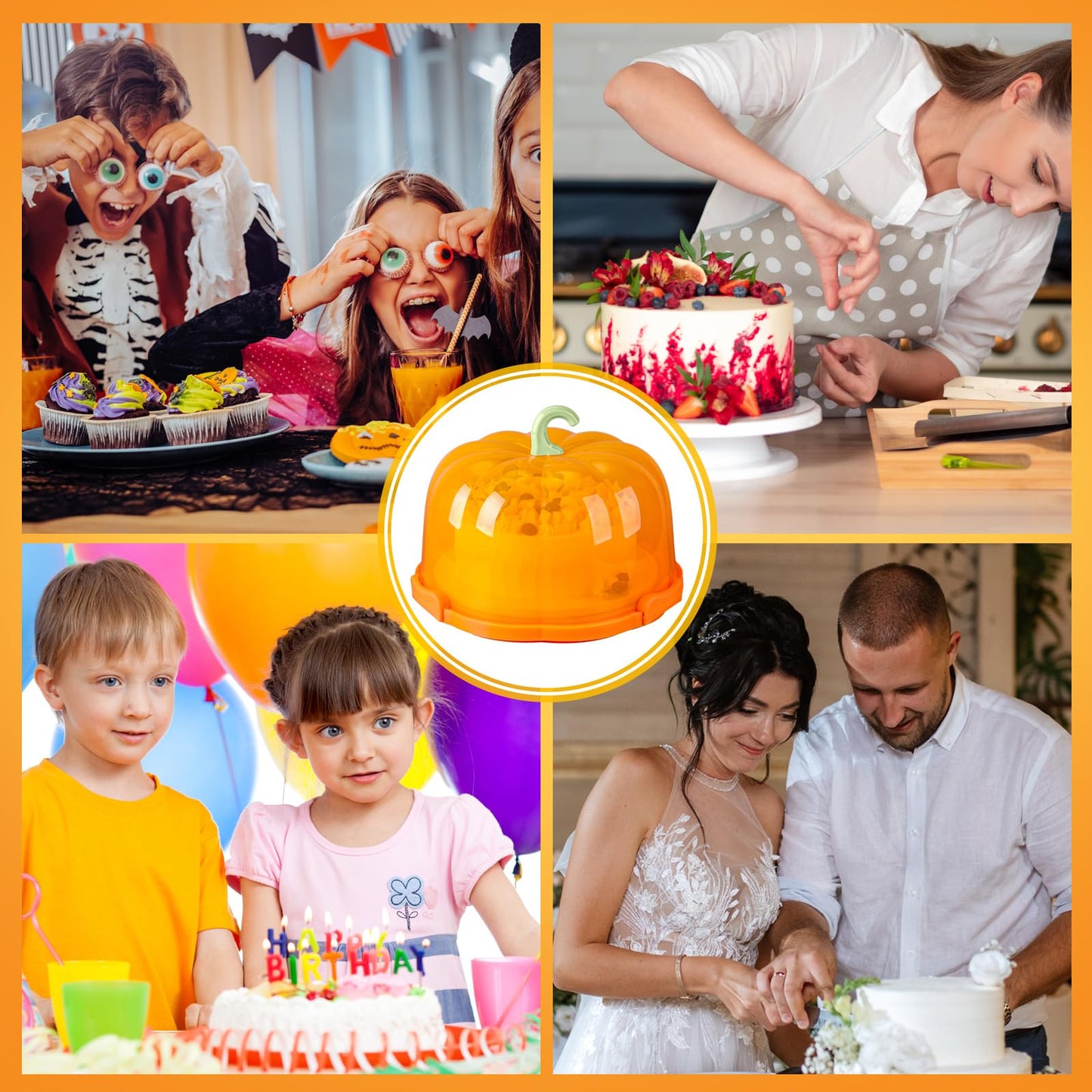 Zhehao 10 Inch Fall Cake Carrier Holds, Pumpkin Cake Stand with Lid and Handle, Halloween Autumn Harvest Plastic Transport Storage Container, Suitable for Transporting Pies, Cupcakes and More(Orange)