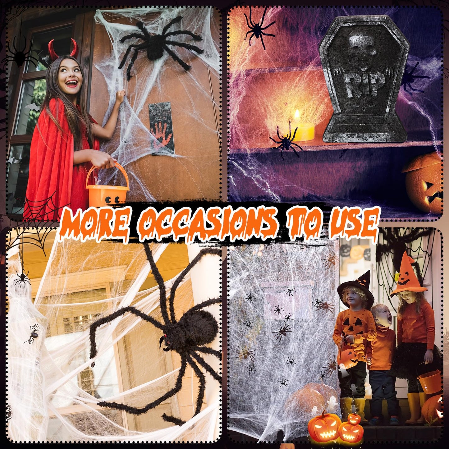 Hiboom Trunk or Treat Halloween Car Decoration Spider and Tombstones Set Including 2 Tombstones 3 Hairy Spiders 60 Little Realistic Spider White Cotton Web Green Cotton Web Spider Egg Sack
