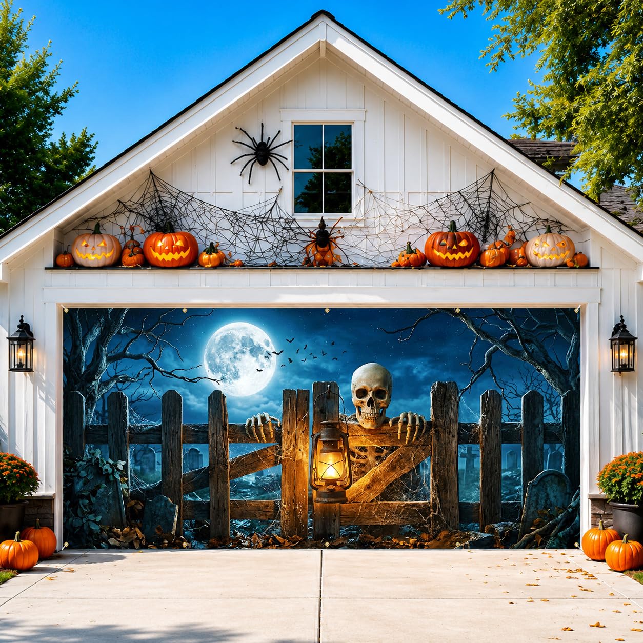 Halloween Garage Door Banner 157.5x70.9in Haunted House Graveyard Scene with Rope 393.7in & 10 Grommets Double Stitch Outdoor Garage Door Cover Halloween Garage Door Decorations Backdrop