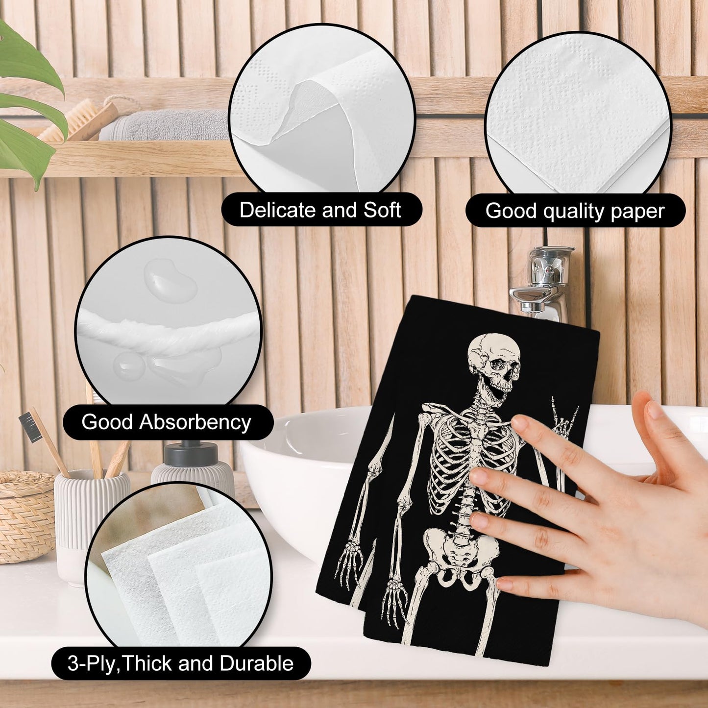 80Pcs Halloween Guest Napkin Black Skeleton Disposable Paper Napkins Dinner Hand Napkins for Home Party Supplies Table Decor