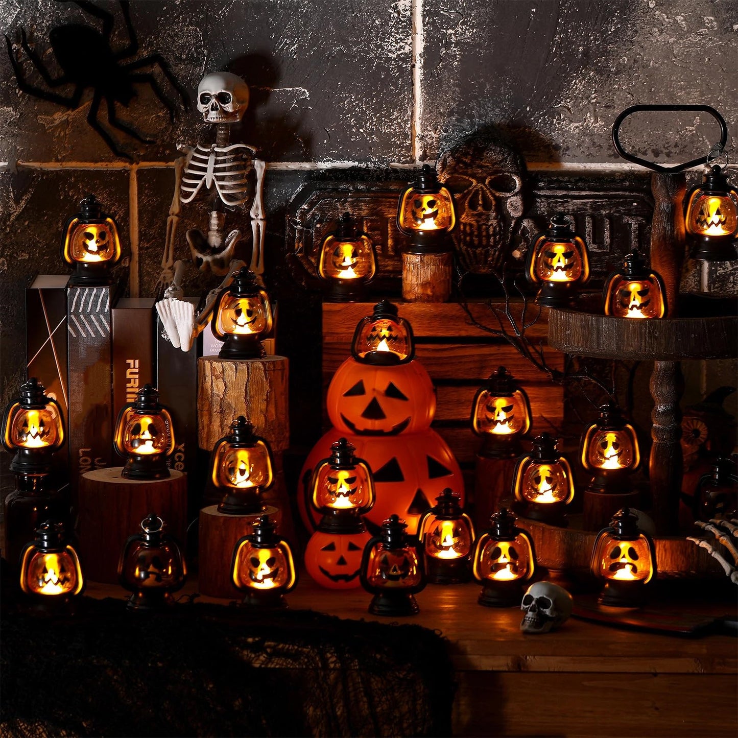 ROCEEI Halloween Mini Pumpkin Lantern 3.54 Inch Jack O Lantern Table Centerpiece Halloween Hanging Decoration Bulk Light up Lamp with Flickering LED Candle for Party Decor Indoor Outdoor(24 Pcs)