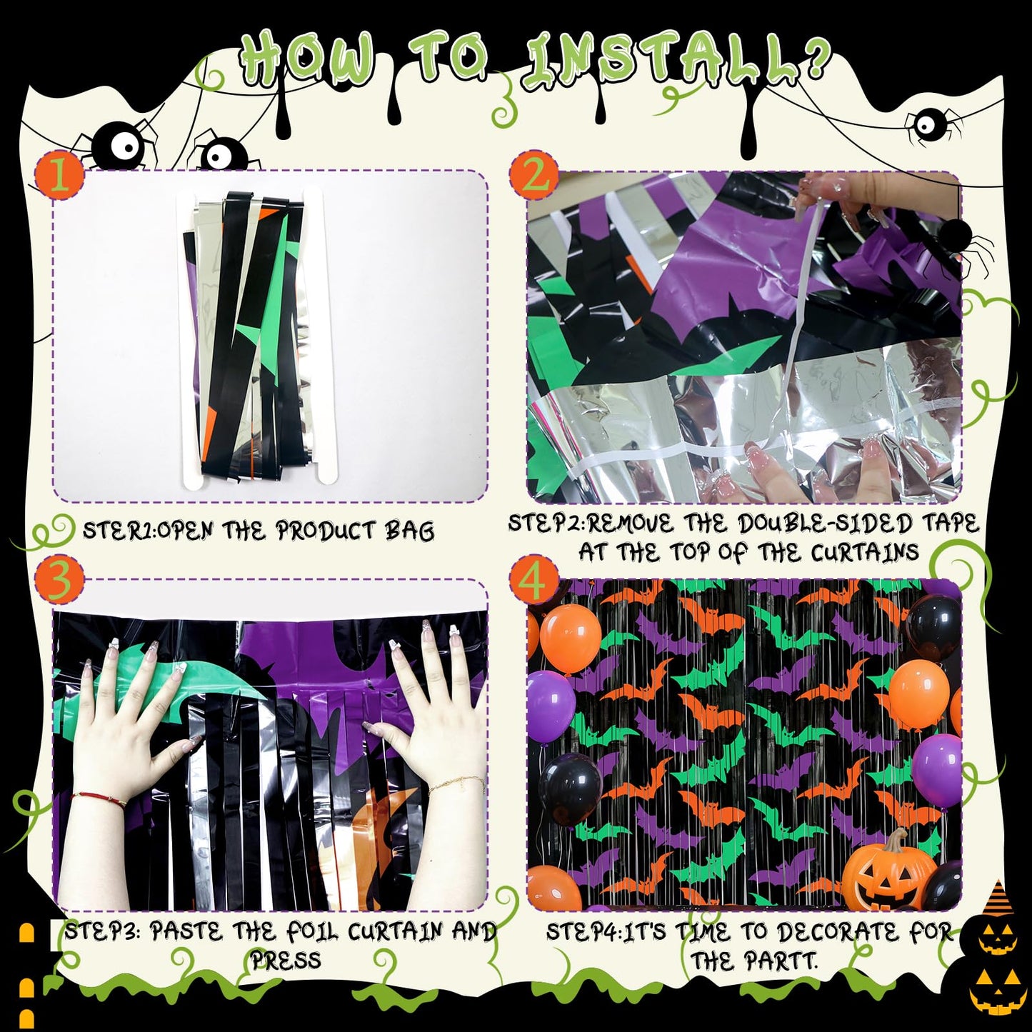 Ycitusi 2 Packs Bat Foil Fringe Curtains - Purple Orange Green Halloween Door Streamers for Photo Backdrop, 3.3 x 6.6 ft Tinsel Curtains for Beetlejuice, Monster or Neon Glow Party Decorations