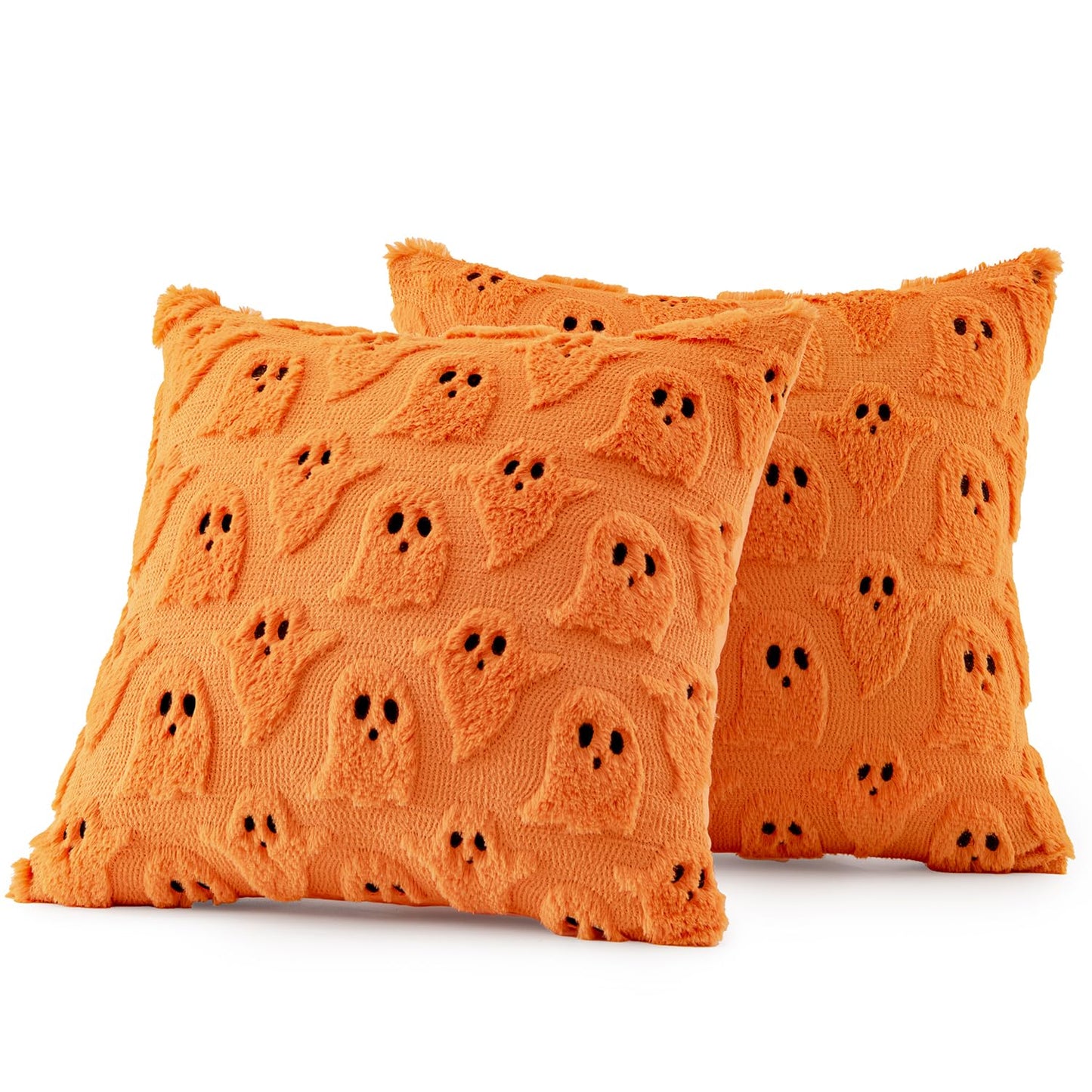 MIULEE Halloween Pillow Covers Cute Ghost Spooky Throw Pillows Set of 2 Soft Plush Faux Fur Fall Decorative Cushion Covers for Couch Sofa Bed Porch Living Room Autumn Decor 18x18 inch Orange