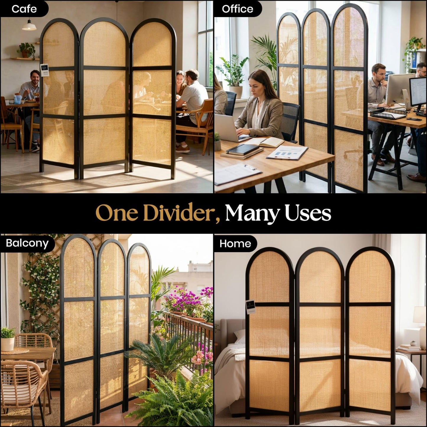 ELK & ELDER 3-Panel Room Divider | Folding Privacy Screen with Arched Dark Wood Frames and Light Woven Panels | Portable Divider for Home,Office, Living Room, Bedroom | 66" H x 56" W |Dark Wood/Beige