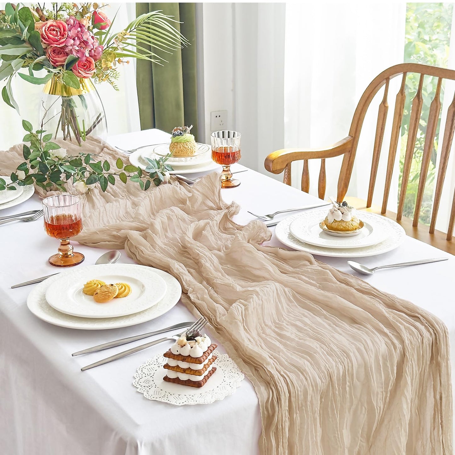 IVAPUPU 2 Pcs Cheesecloth Table Runner - 10ft Nude Boho Gauze Cheese Cloth Table Runners for Baby Shower Decorations Wedding Party Summer Garden Farmhouse