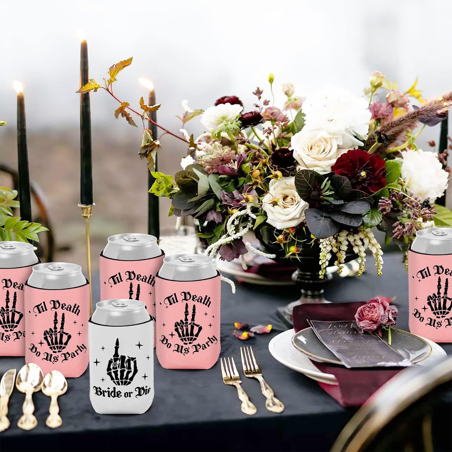 CiyvoLyeen 12PCS Bride or Die Bachelorette Can Coolers, Gothic Till Death Do Us Party Can Sleeves for Bridal Shower, Reusable Beer Bottle & Soda Holders