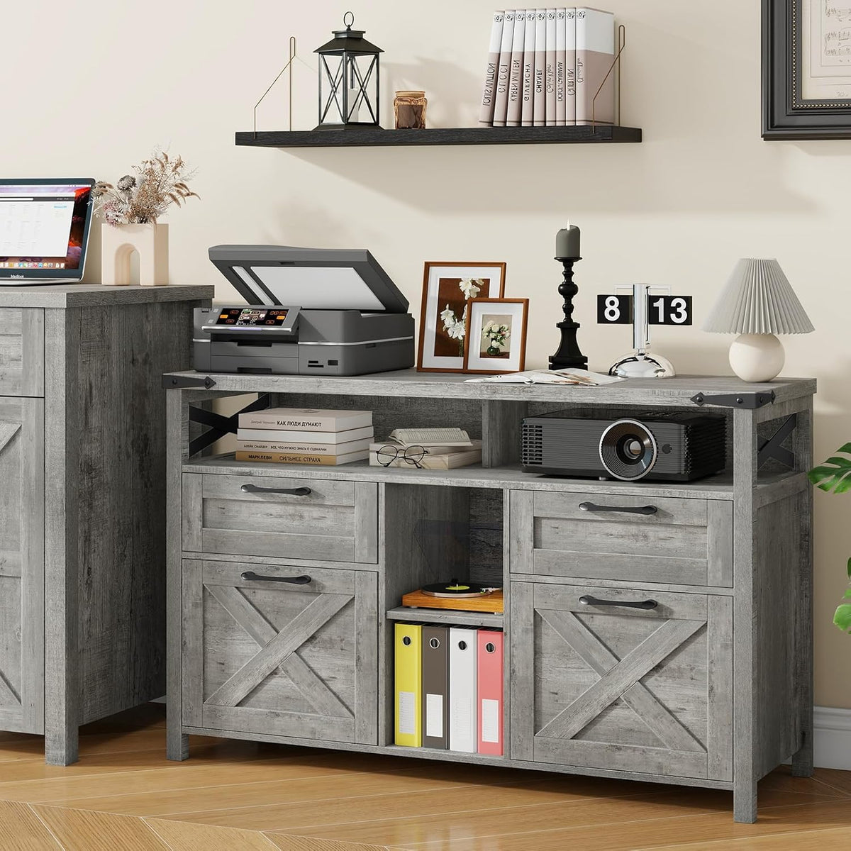 Farmhouse Filing Cabinet with Adjustable Shelf for Home Office, Lateral File Cabinets 4 Drawers with Open Storage Shelf, Filing Organization Storage Cabinets for Hanging Files Letter/A4.(Grey)
