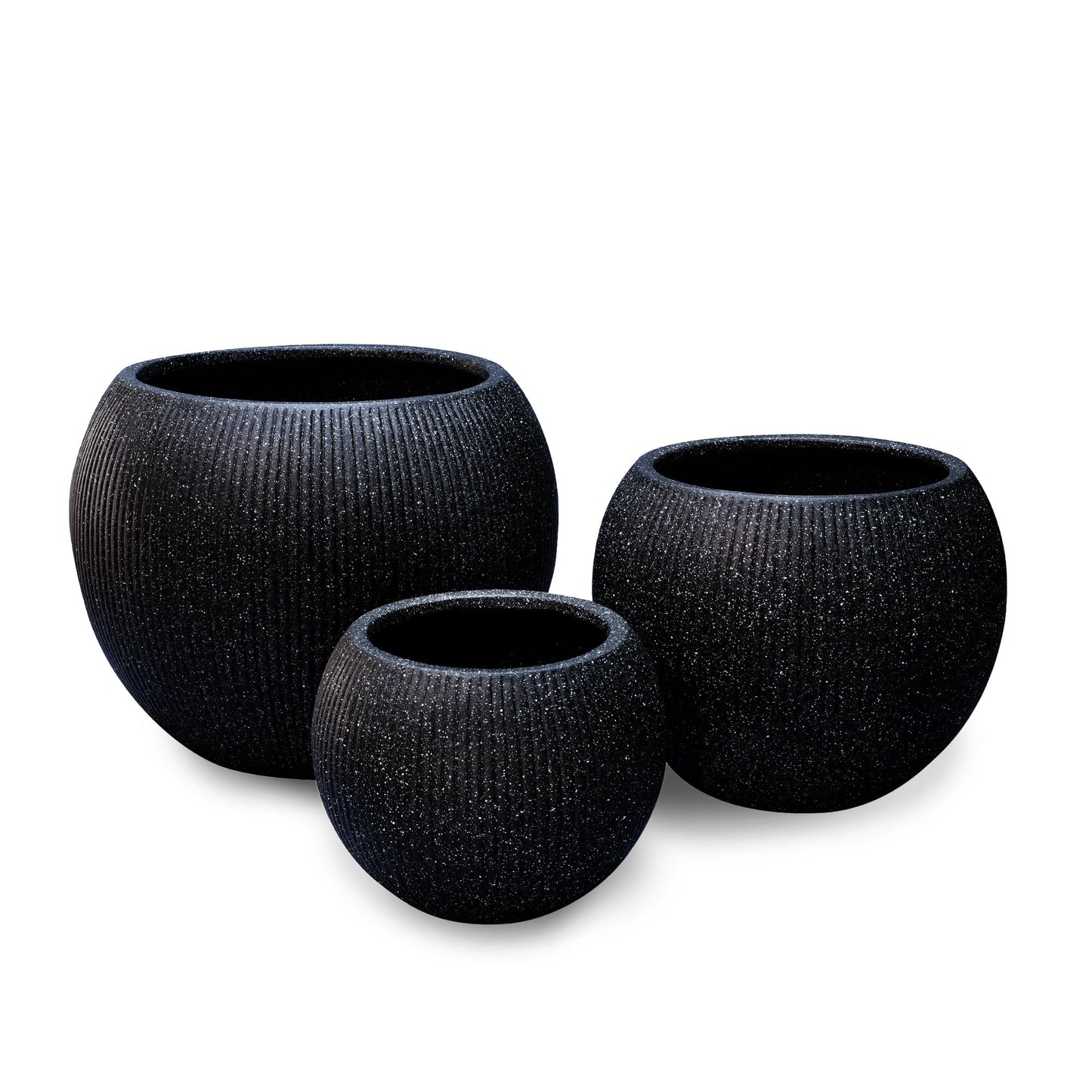 DEPLA LANE Marlo Fiberstone Round Planter (8.5" Pot Opening x 12..6"D x 9.8"H) Ribbed Finishes, Lightweight, Durable, UV Resistant, Modern Minimalist Home Decor, Indoor Outdoor Pot (S, Ribbed Black)