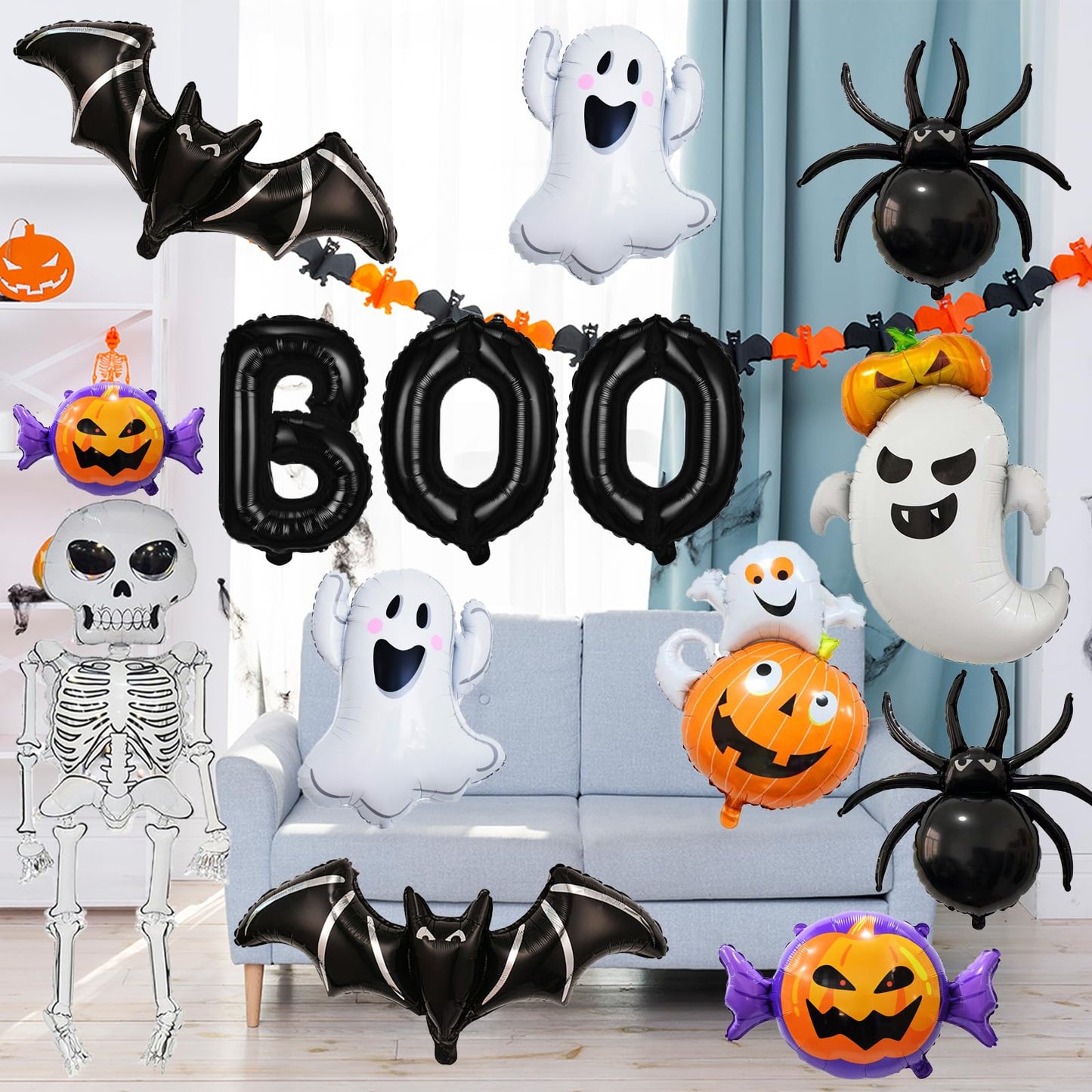 Wecepar Halloween Party Decorations – 12Pcs Ghost Skeleton Pumpkin Bat Spider BOO Foil Balloons Set for Halloween Birthday Party Supplies