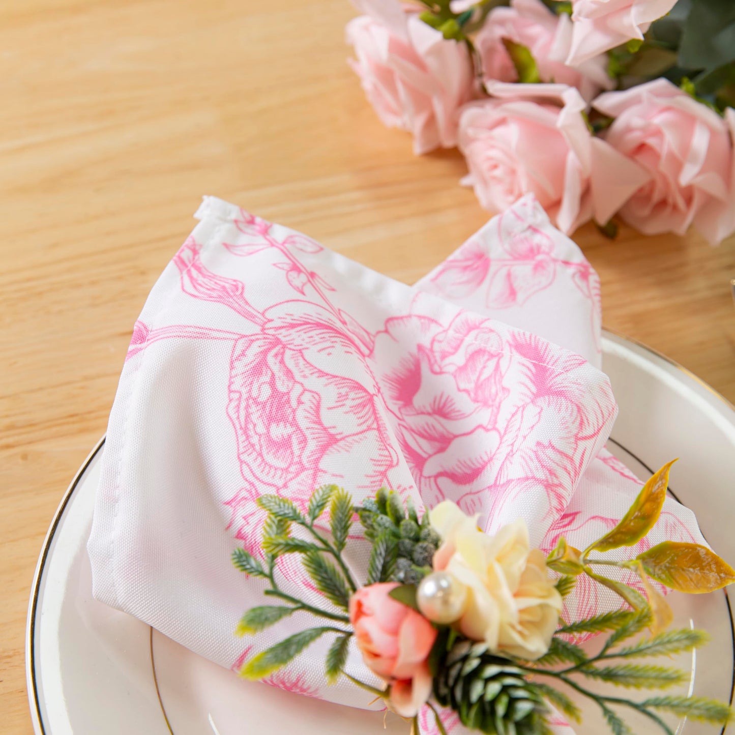 PLOYMONO Pink Floral Heavy Duty Cloth Napkins - 17 x 17 Inch Solid Washable Polyester Dinner Napkins - Set of 8 Napkins with Hemmed Edges - Great for Weddings, Parties, Banquets Dinner & More